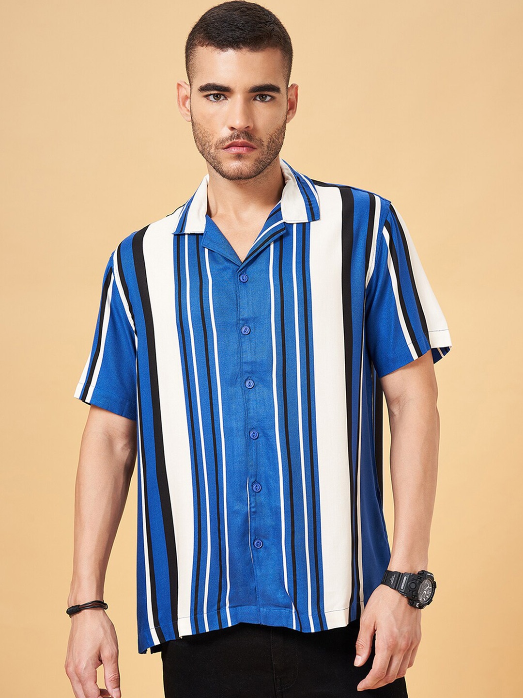 

People Blue Slim Fit Vertical Striped Casual Shirt