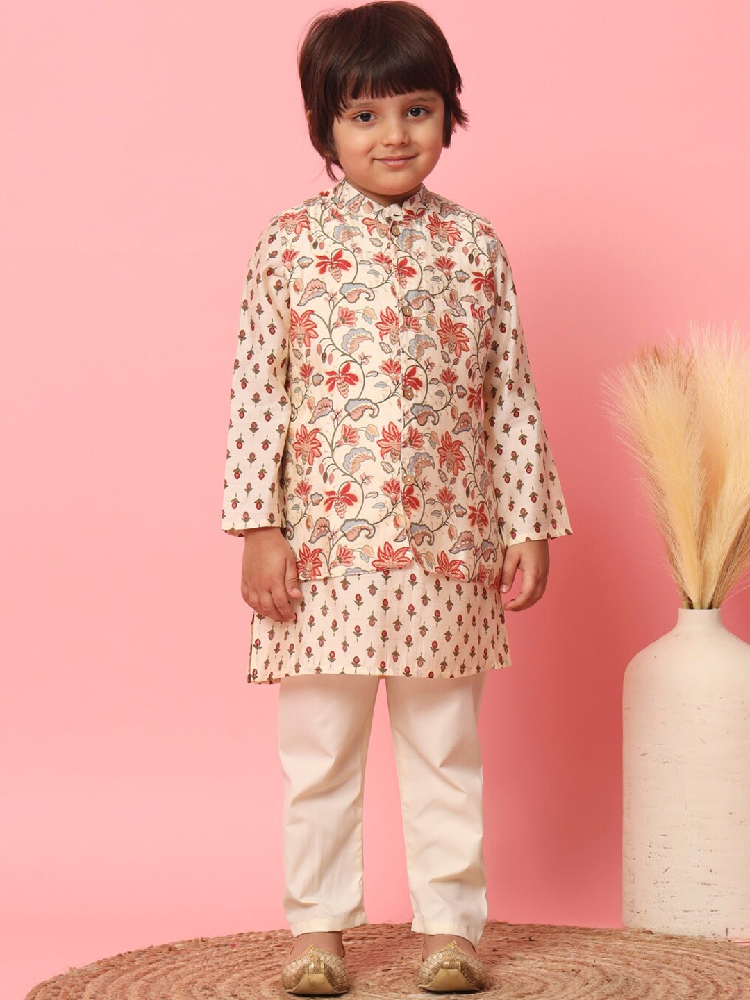 

Readiprint Fashions Boys Ethnic Motifs Printed Cotton Kurta With Pyjama & Nehru Jacket, Cream