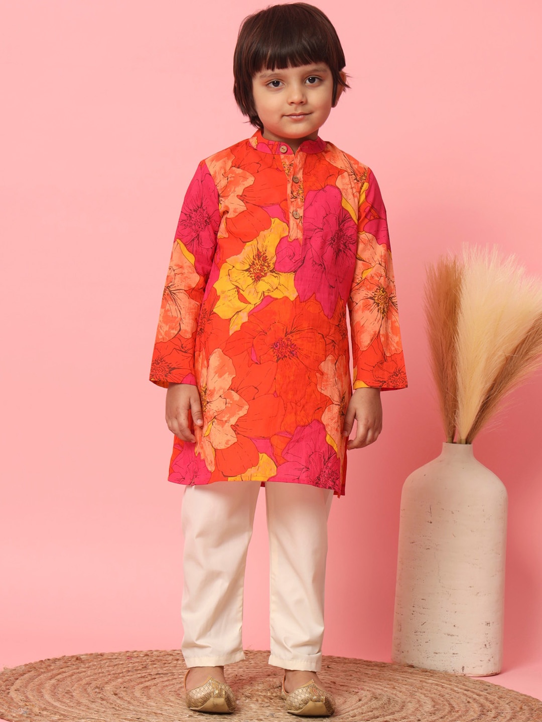

Readiprint Boys Floral Printed Pure Cotton Straight Kurta With Pyjamas, Orange