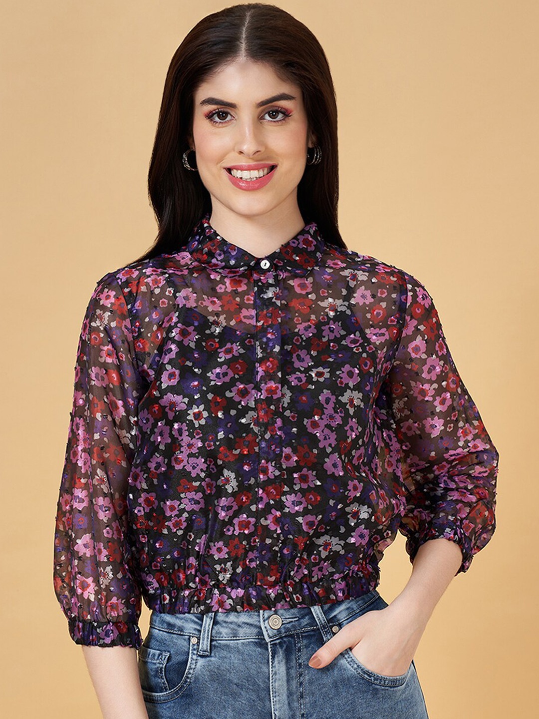

People Black Floral Printed Shirt Collar Cuffed Sleeves Shirt Style Top