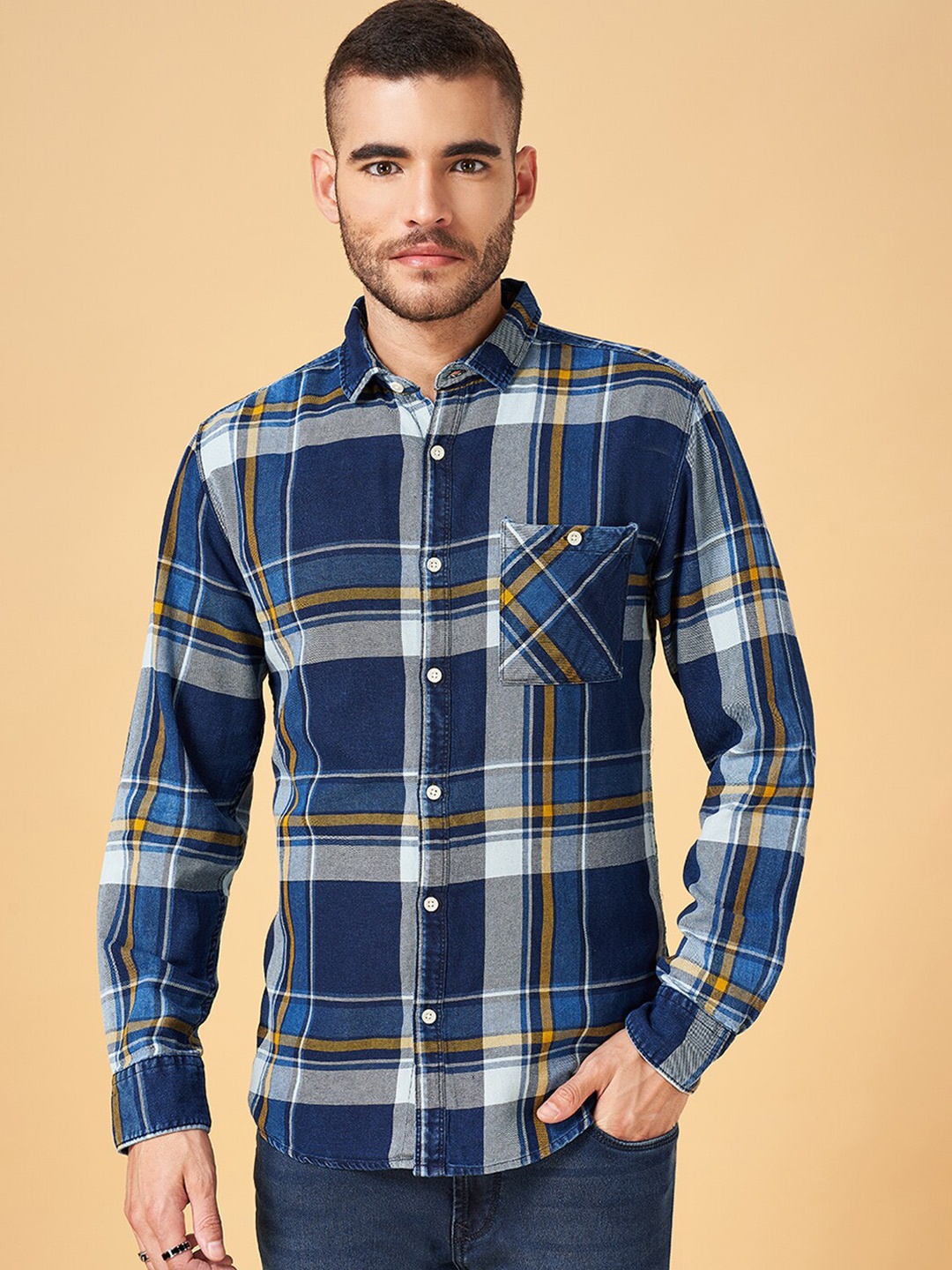 

SF JEANS by Pantaloons Slim Fit Tartan Checked Cotton Casual Shirt, Blue