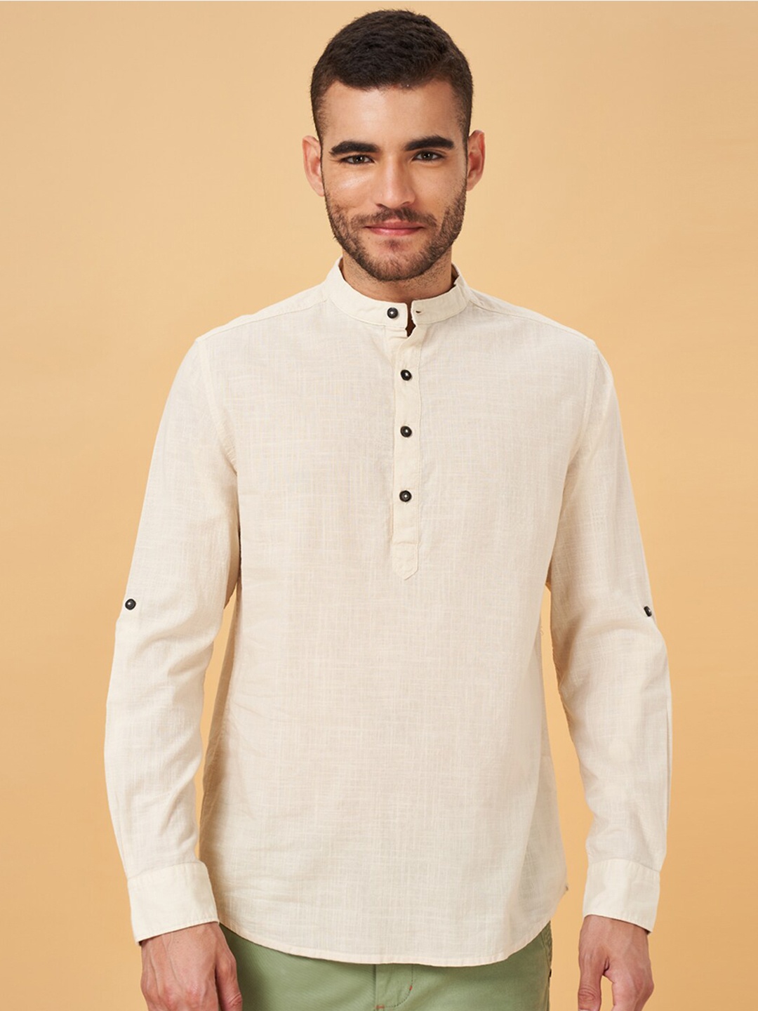 

Urban Ranger by pantaloons Mandarin Collar Cotton Shirt, Beige