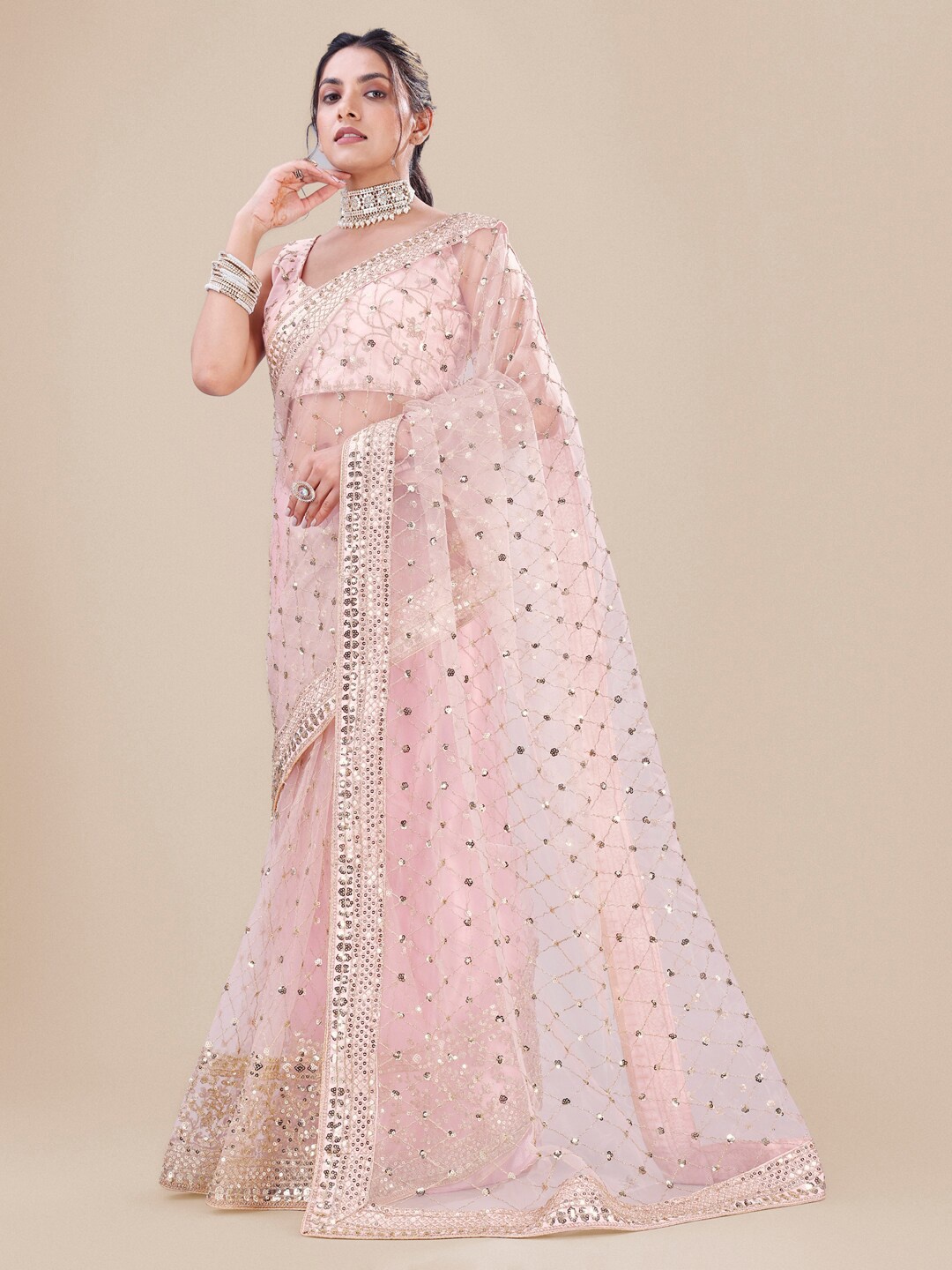 

Roykals Embellished Sequinned Net Saree, Pink