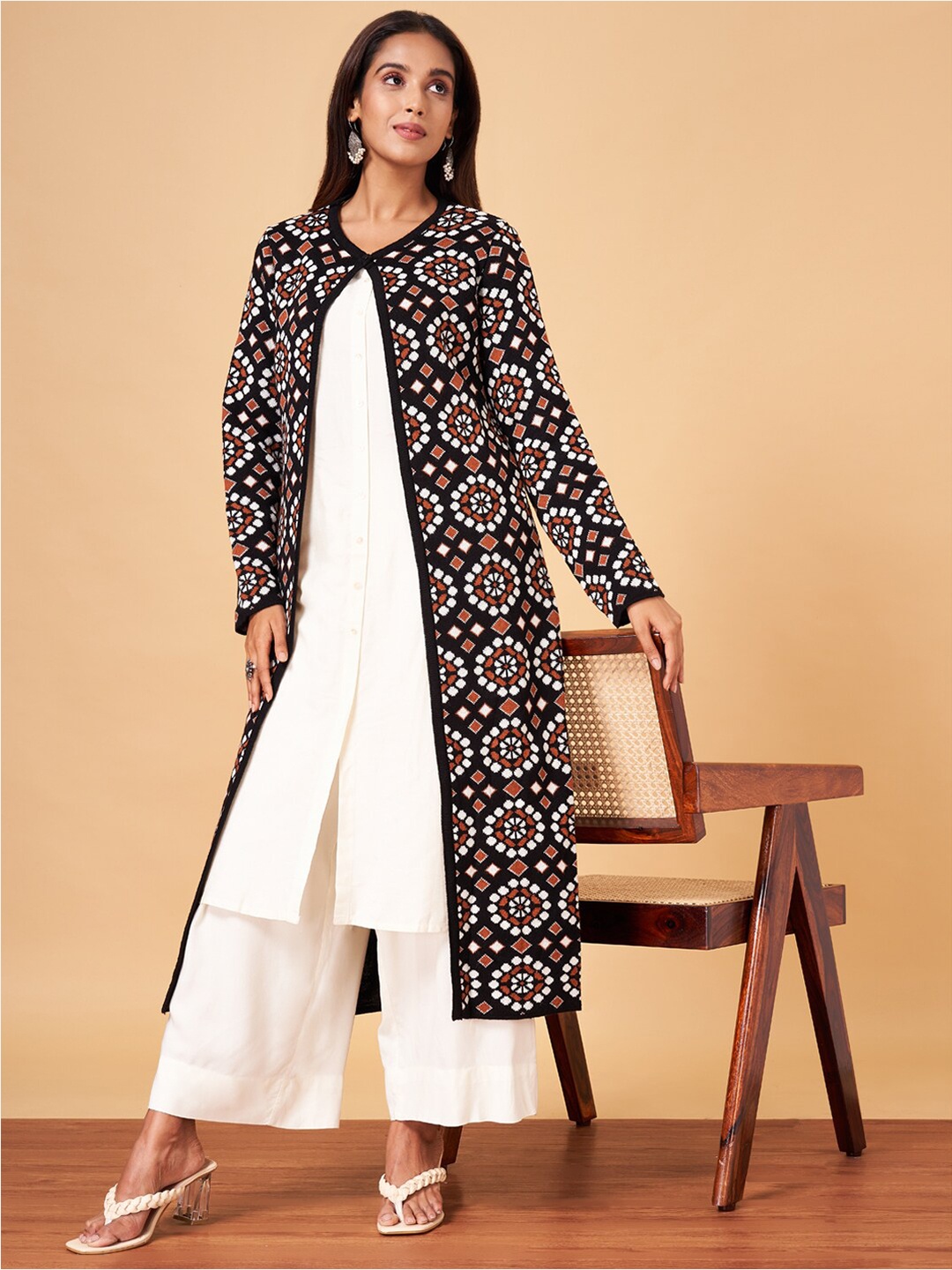 

YU by Pantaloons Geometric Self Design Acrylic Longline Cardigan Sweater, Black