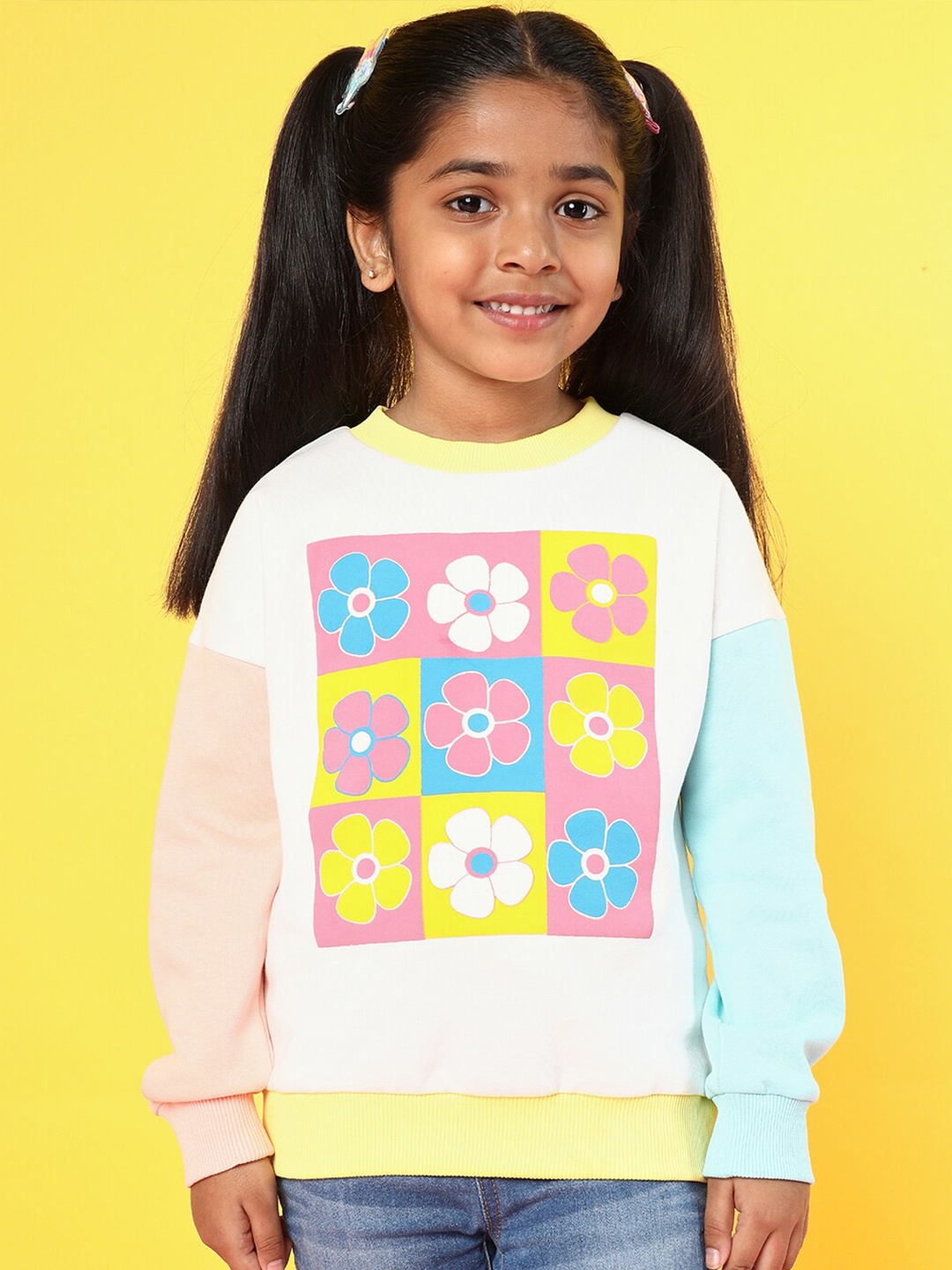 

Nauti Nati Girls Floral Printed Round Neck Antimicrobial Fleece Pullover Sweatshirt, White