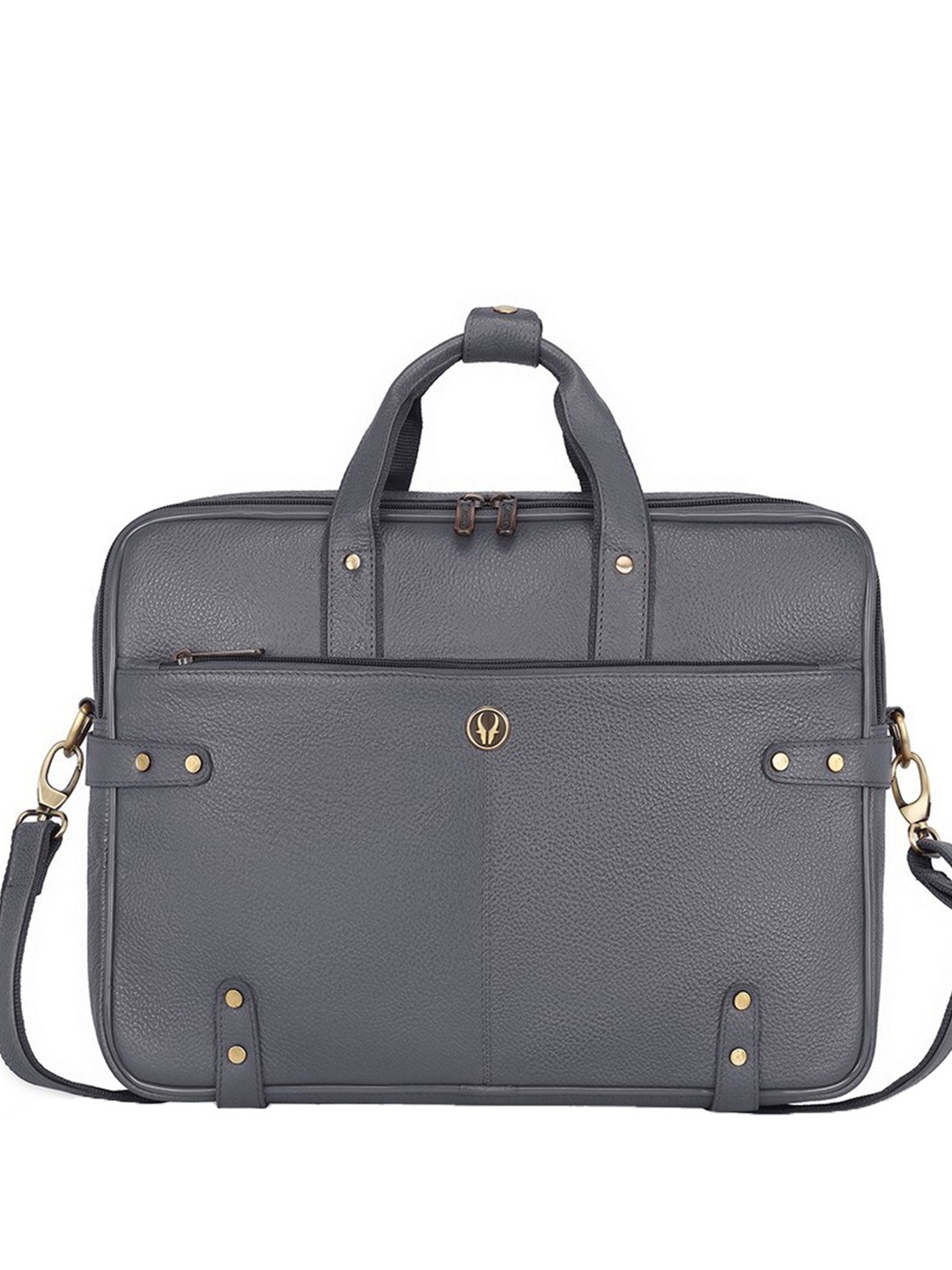 

WildHorn Men Grey & Gold-Toned Leather Laptop Bag