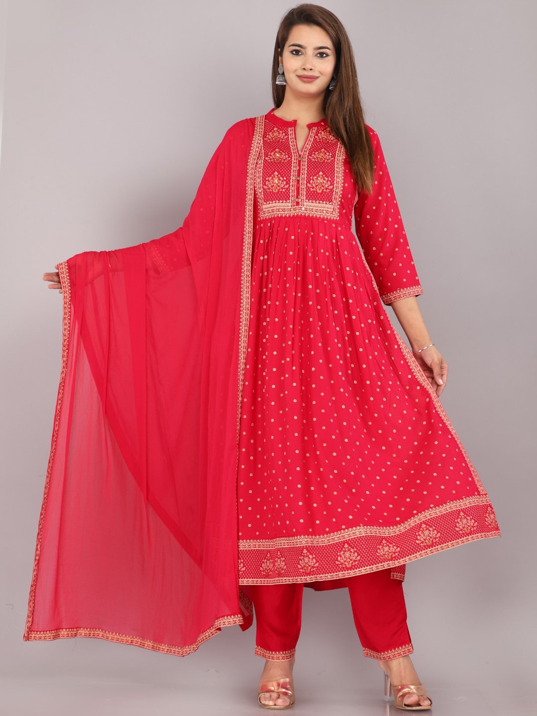 

JC4U Floral Printed Mandarin Collar High Slit Kurta With Trousers & Dupatta, Pink