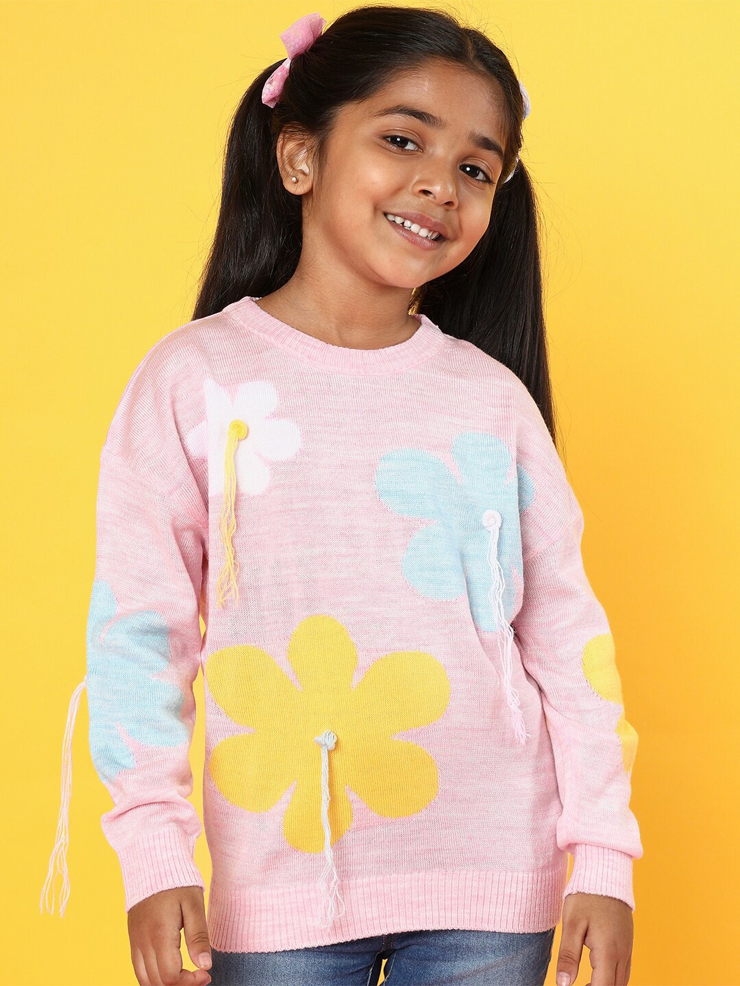 

Nauti Nati Girls Conversational Self Design Fringed Acrylic Pullover, Pink