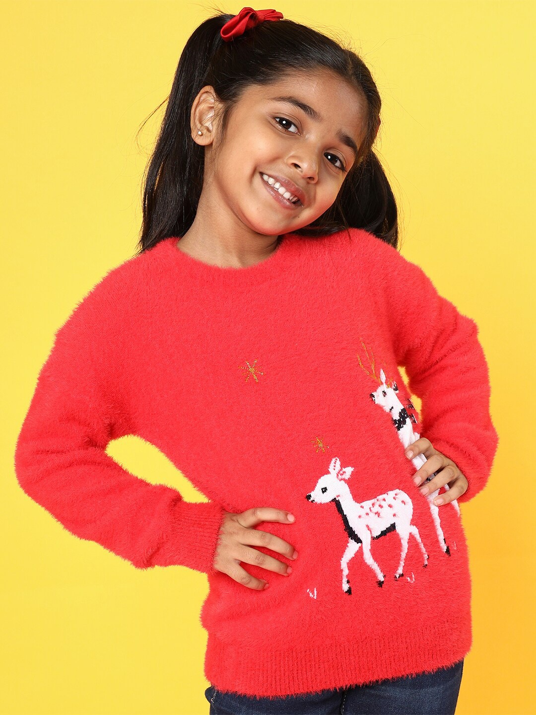 

Nauti Nati Girls Boucle Self Design Acrylic Fuzzy Pullover, Red
