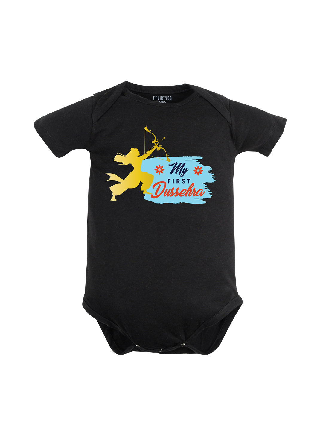 

FFLIRTYGO Baby Printed Pure Cotton Dussehra Special Bodysuit, Black