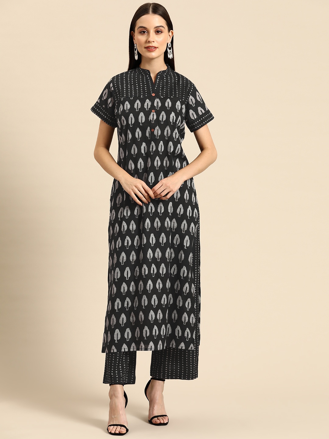 

FASHOR Printed Regular Pure Cotton Kurta with Palazzos, Black