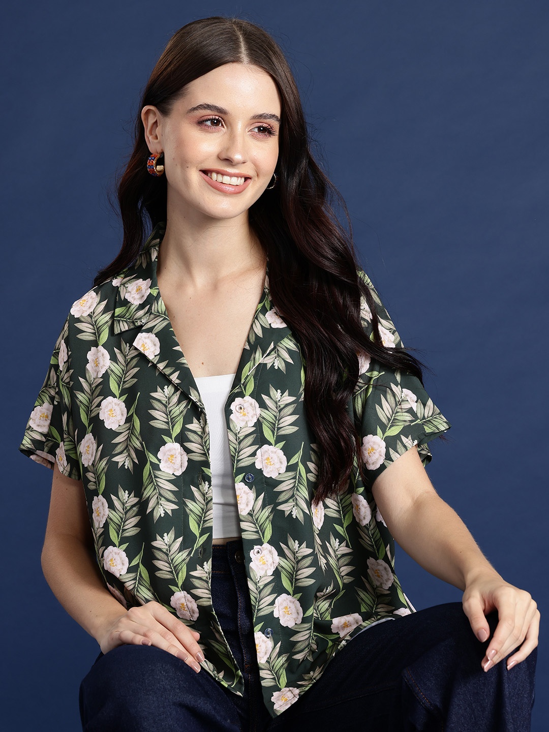 

Mast & Harbour Floral Printed Cuban Collar Casual Shirt, Olive