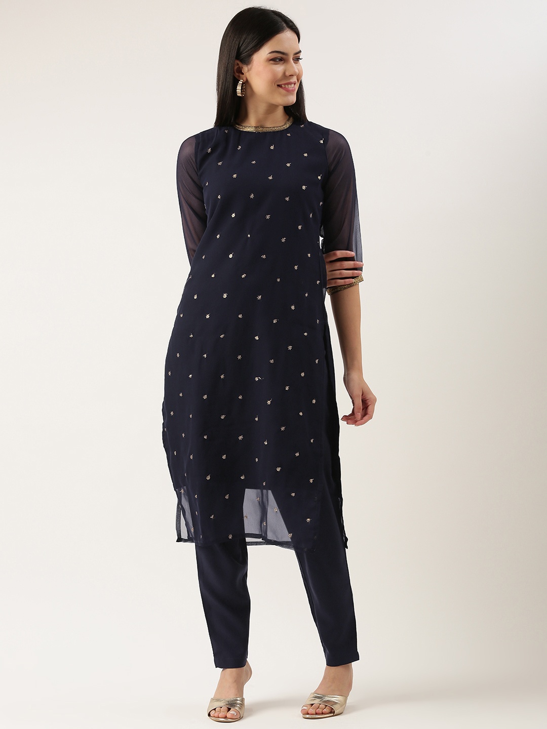 

Saanjh Floral Embroidered Regular Sequinned Kurta with Trousers, Navy blue