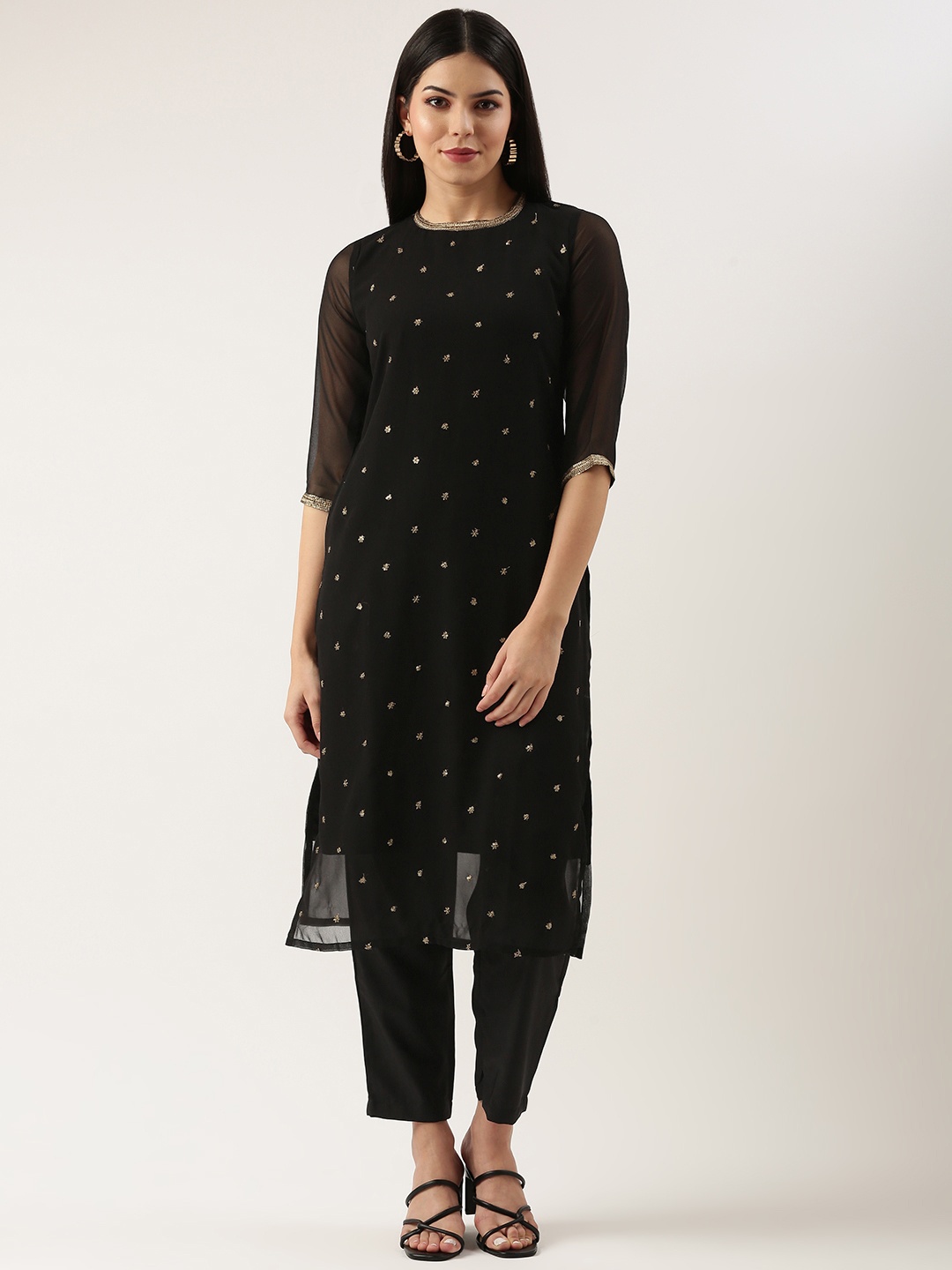 

Saanjh Floral Embroidered Sequinned Kurta with Trousers, Black