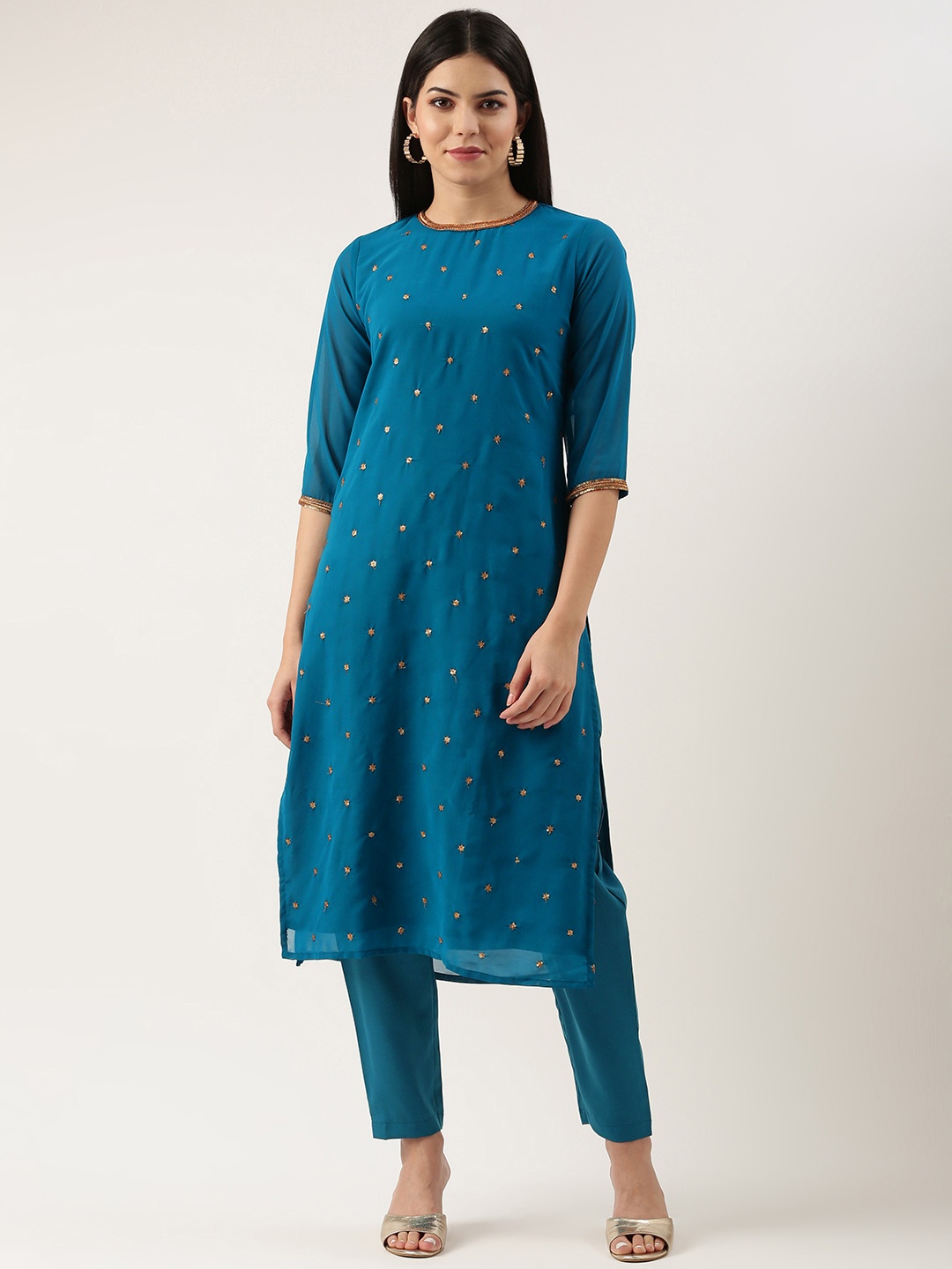 

Saanjh Floral Embroidered Sequinned Kurta with Trousers, Blue