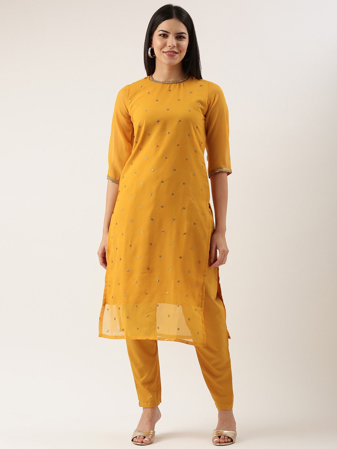 

Saanjh Floral Embroidered Regular Sequinned Kurta with Trousers, Yellow