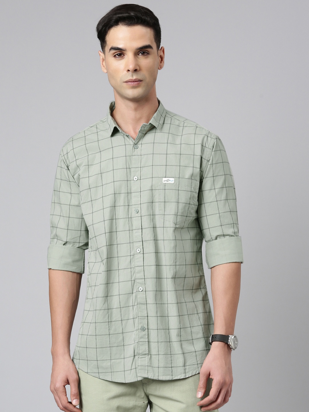

Majestic Man Men Comfort Slim Fit Windowpane Checked Pure Cotton Casual Shirt, Grey