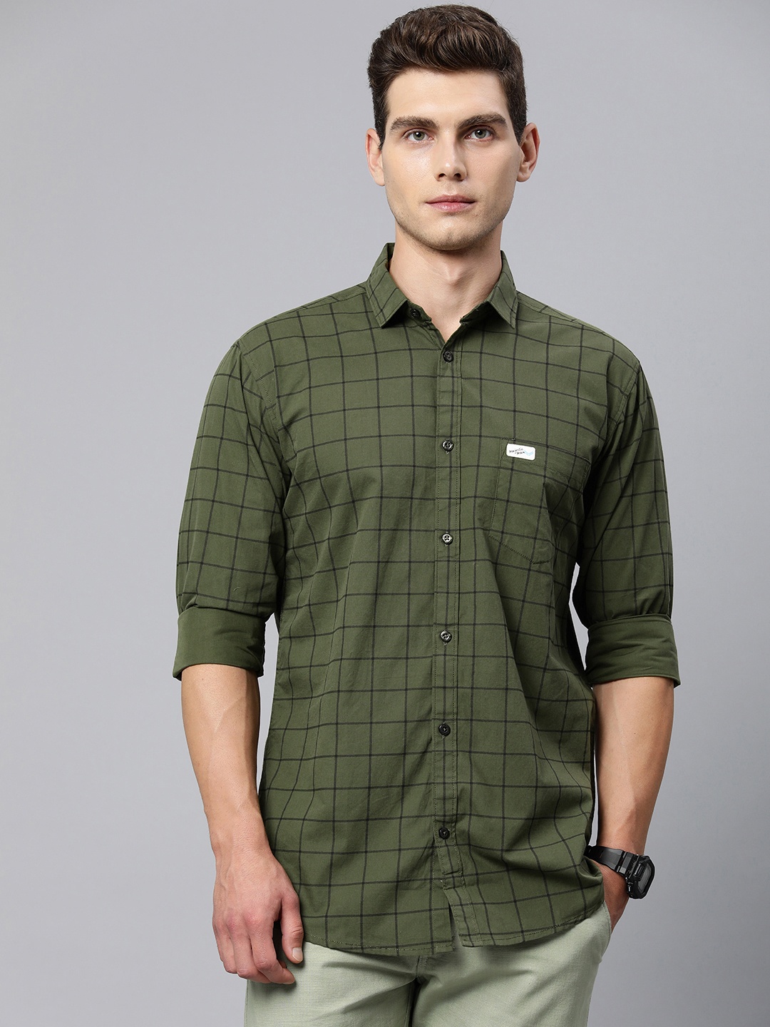 

Majestic Man Men Comfort Slim Fit Windowpane Checked Cotton Casual Shirt, Green