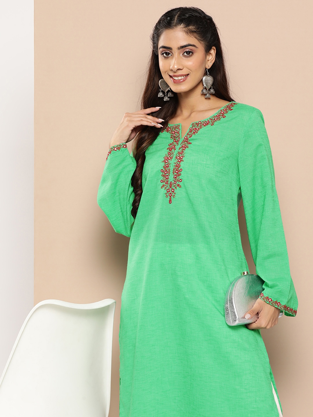 

HERE&NOW Women Ethnic Motifs Embroidered Mirror Work Kurta, Green