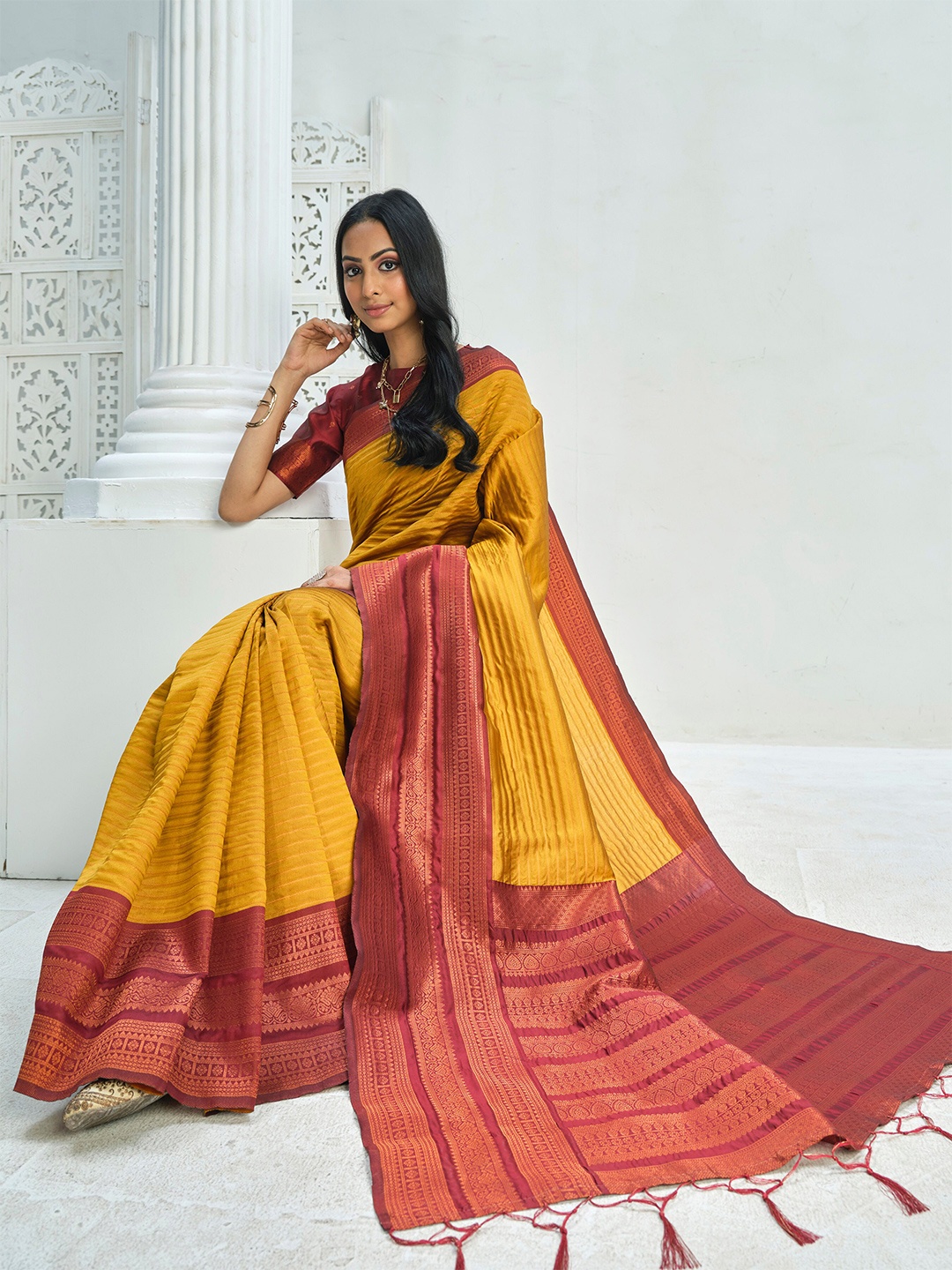 

Sangria Self Design Ethnic Motifs Woven Design Saree, Mustard