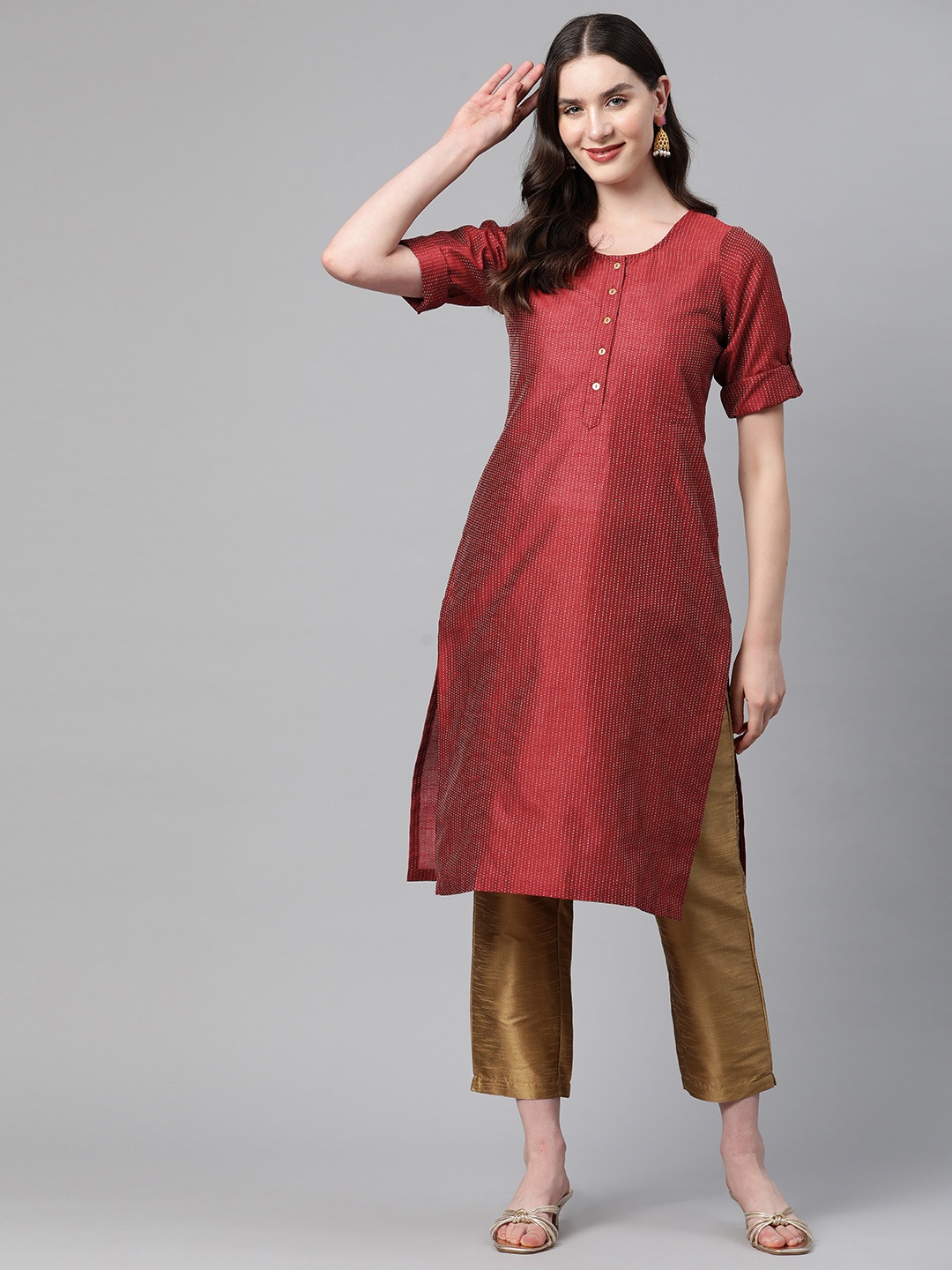 

Ayaany Women Striped Thread Work Kurta, Red