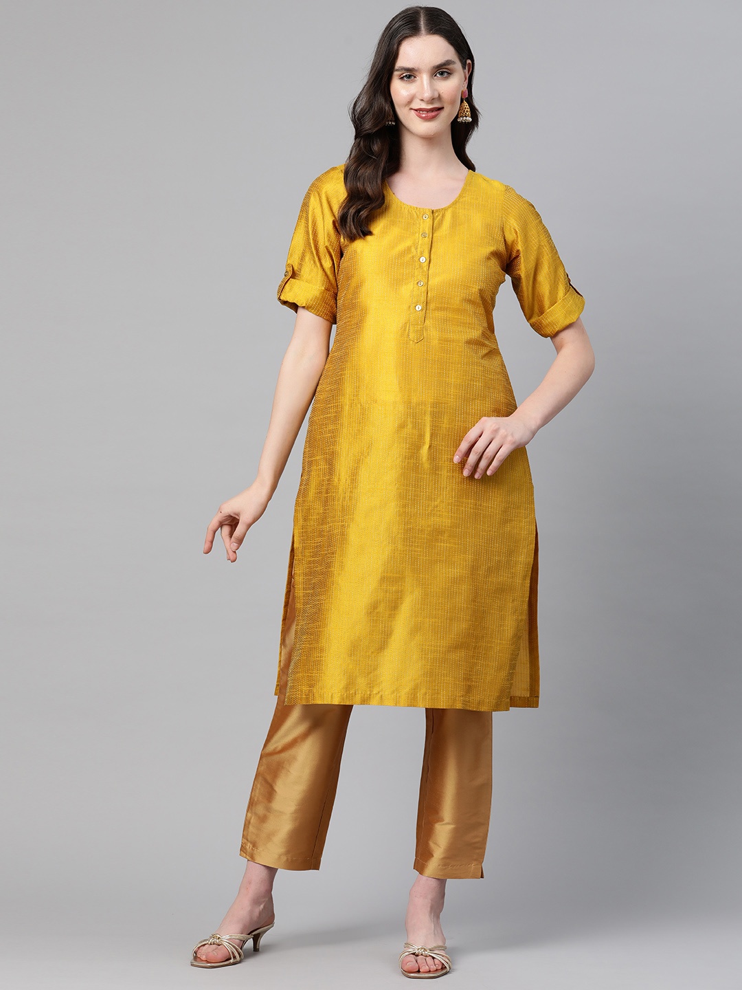 

Ayaany Women Striped Thread Work Kurta, Yellow