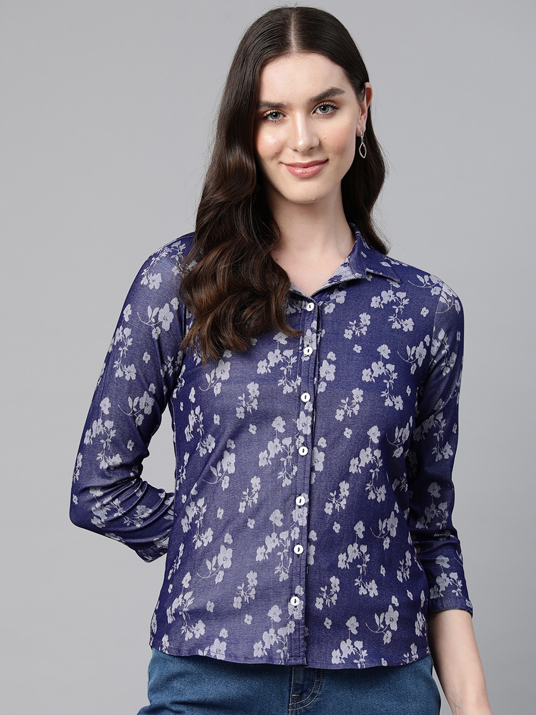 

Ayaany Women Floral Opaque Printed Casual Shirt, Navy blue