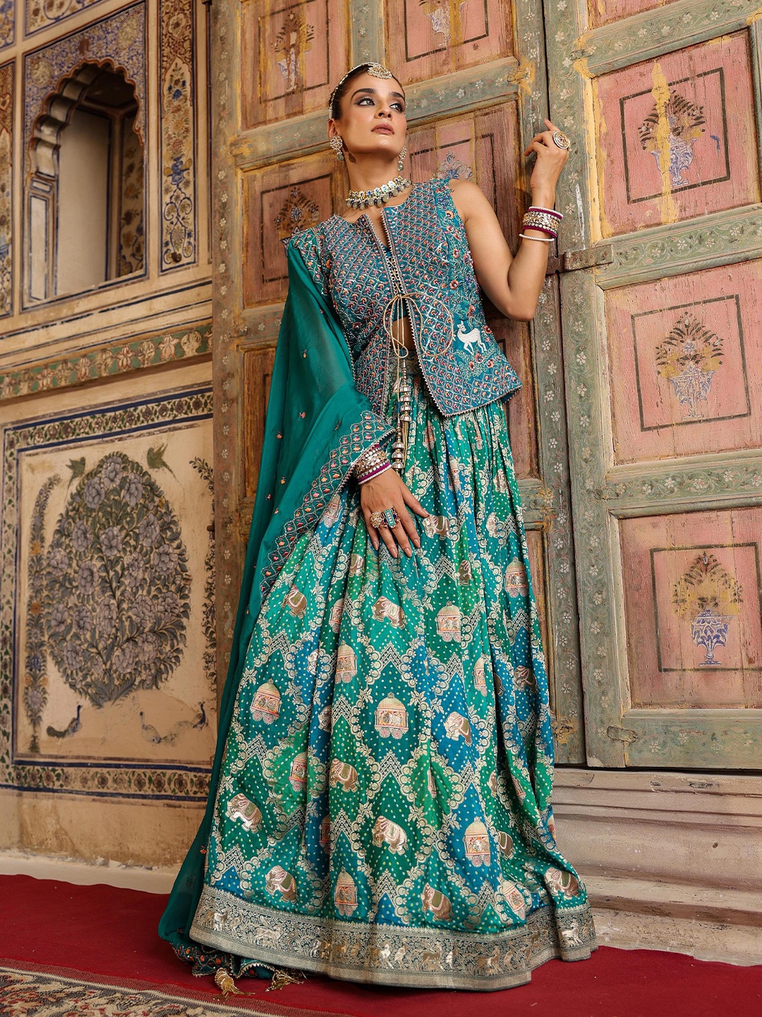 

SCAKHI Embellished Ready to Wear Lehenga with Blouse & Dupatta with Jacket, Teal