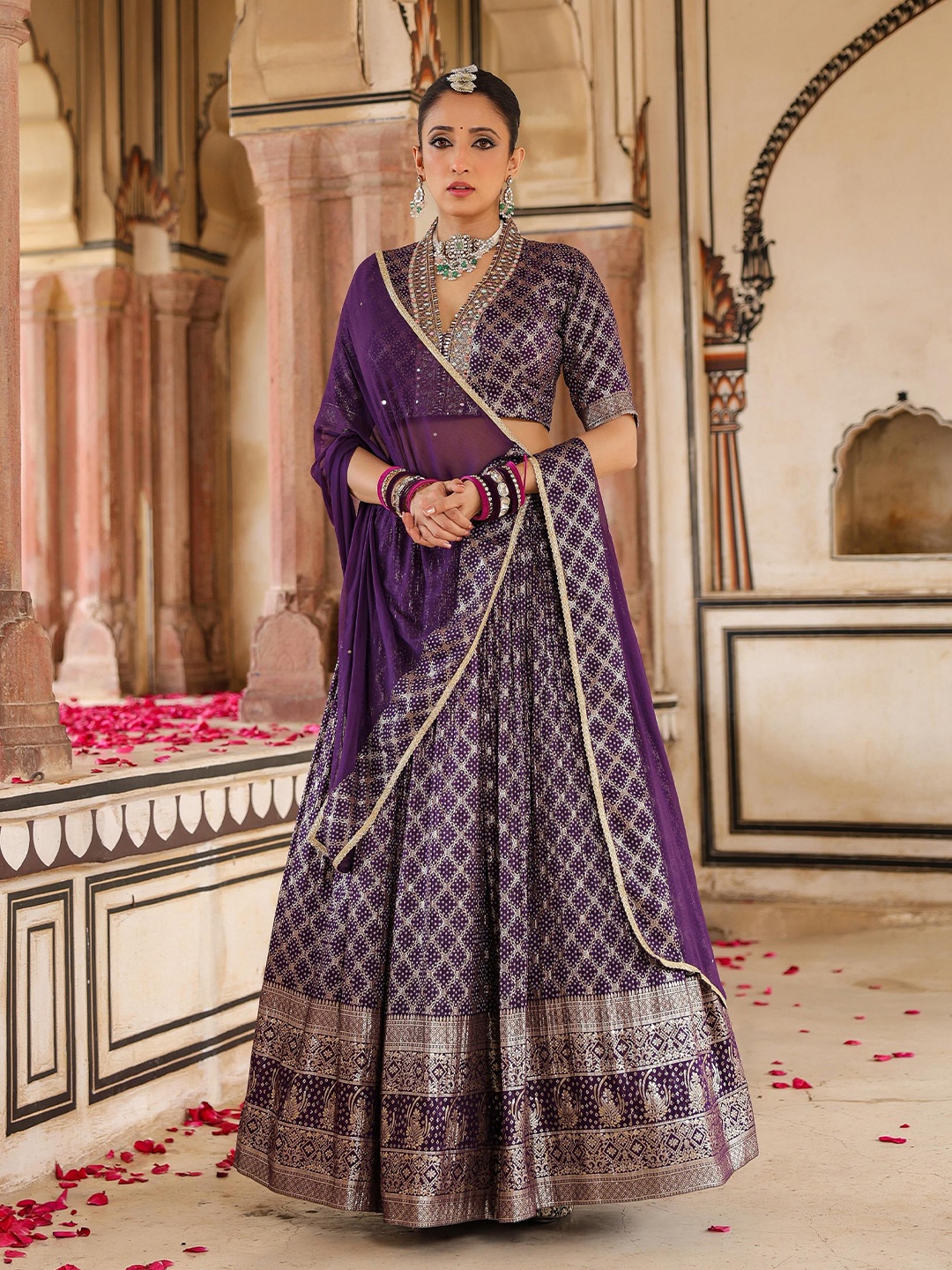 

SCAKHI Printed Silk Ready to Wear Lehenga & Blouse With Dupatta, Purple