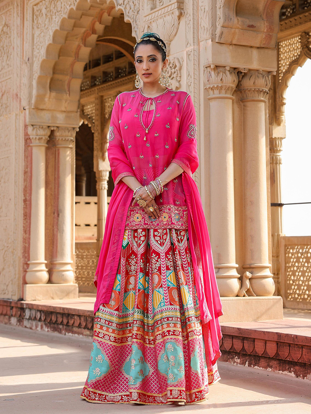 

SCAKHI Embellished Beads and Stones Silk Ready to Wear Lehenga & Blouse With Dupatta, Pink