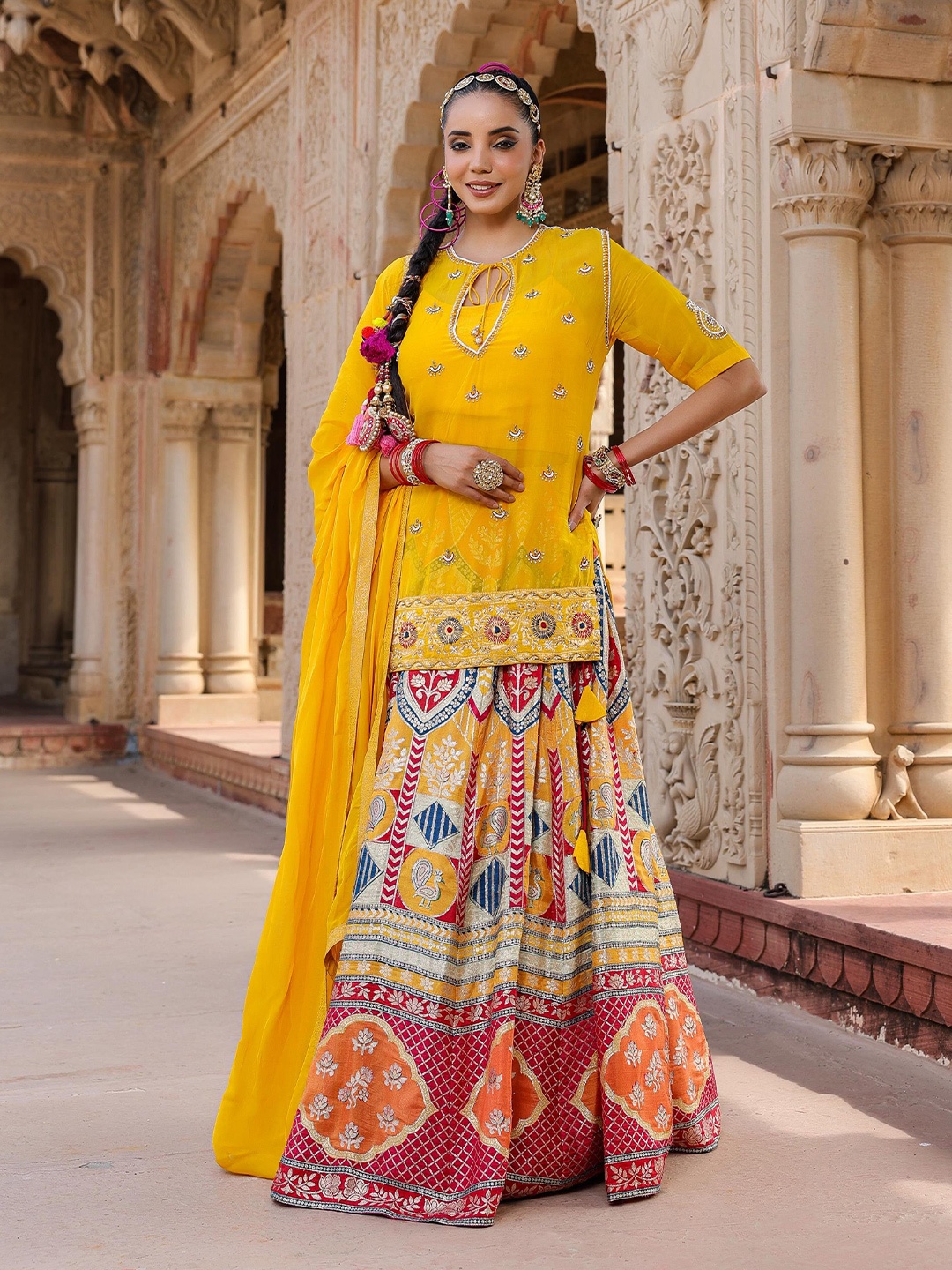 

SCAKHI Embellished Beads and Stones Silk Ready to Wear Lehenga & Blouse With Dupatta, Yellow