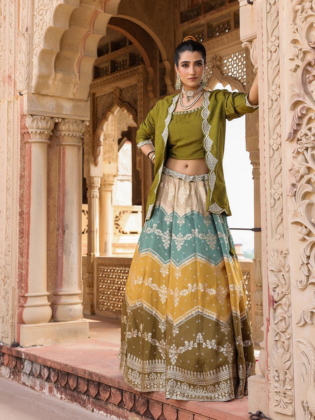 

SCAKHI Woven Design Beads and Stones Silk Ready to Wear Lehenga with Blouse & Jacket, Olive