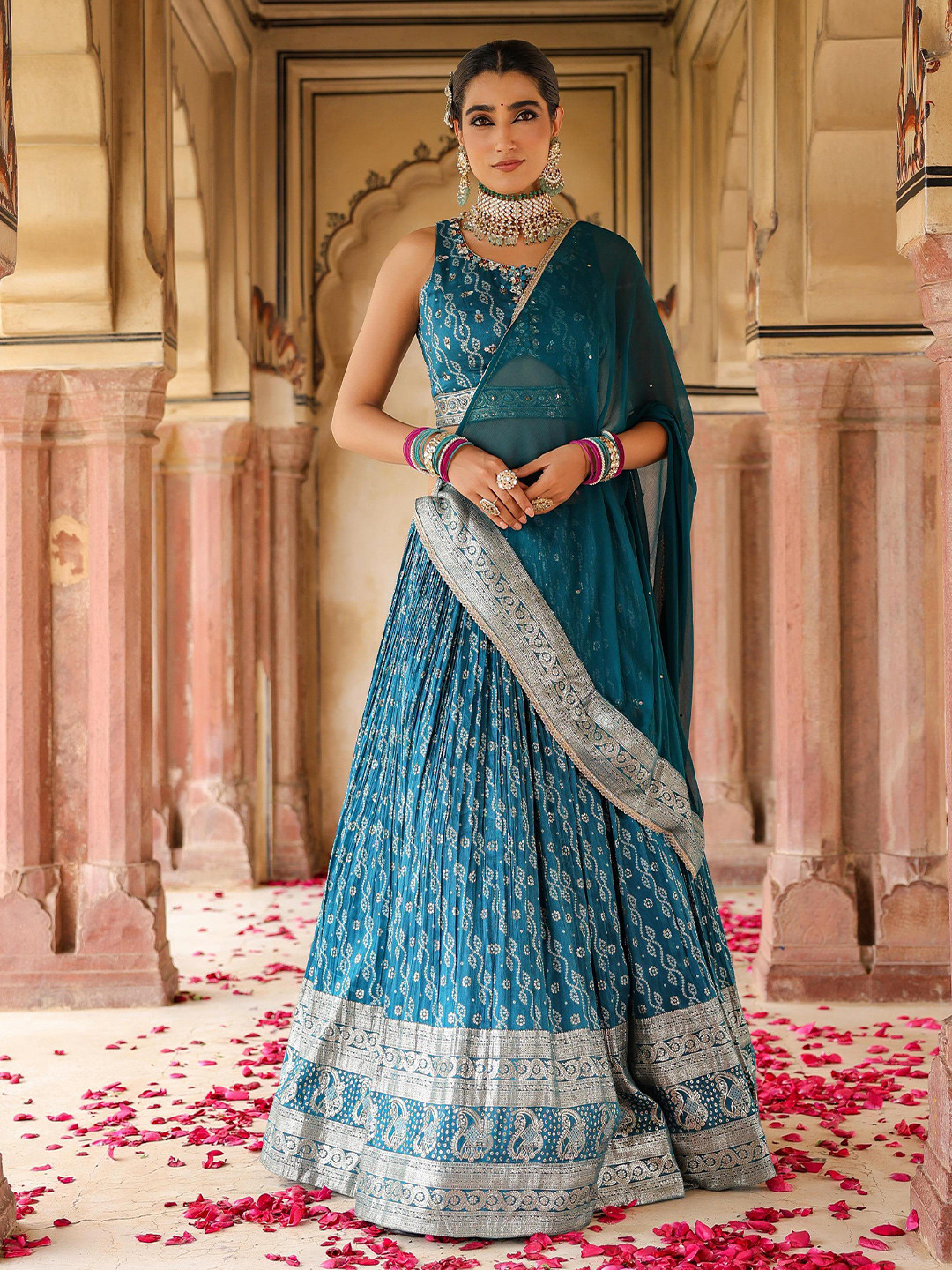 

SCAKHI Printed Beads and Stones Silk Ready to Wear Lehenga & Blouse With Dupatta, Teal