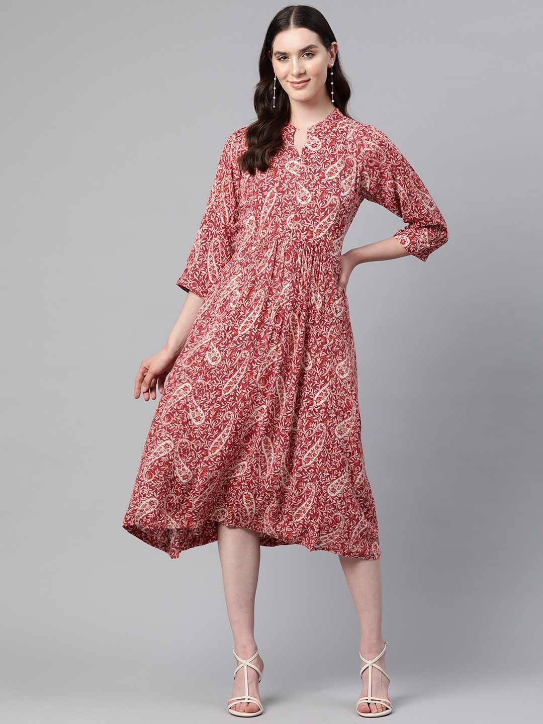 

Ayaany Floral Print A-Line Cotton Midi Dress, Red
