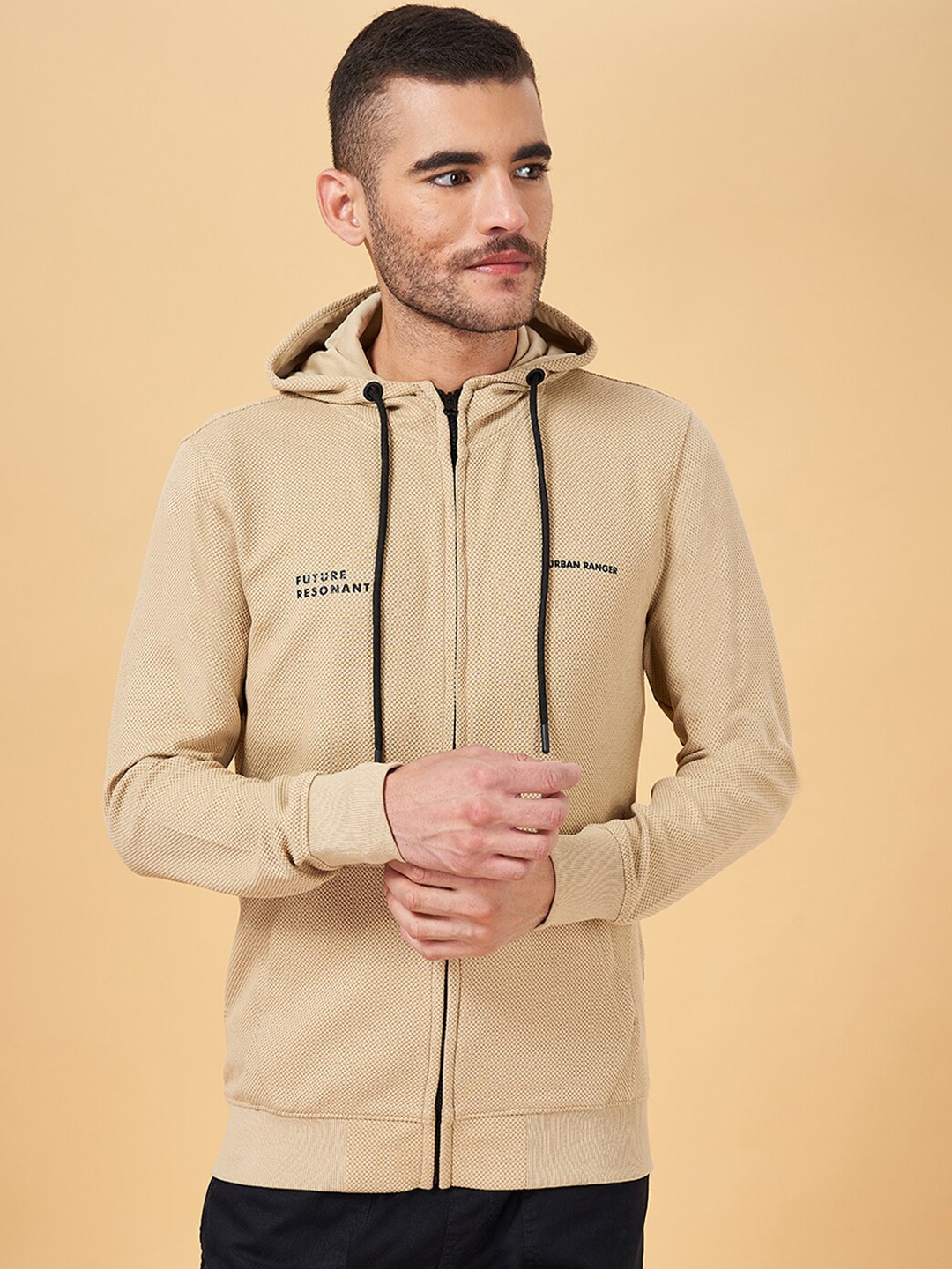 

Urban Ranger by pantaloons Hooded Cotton Front-Open Sweatshirt, Beige