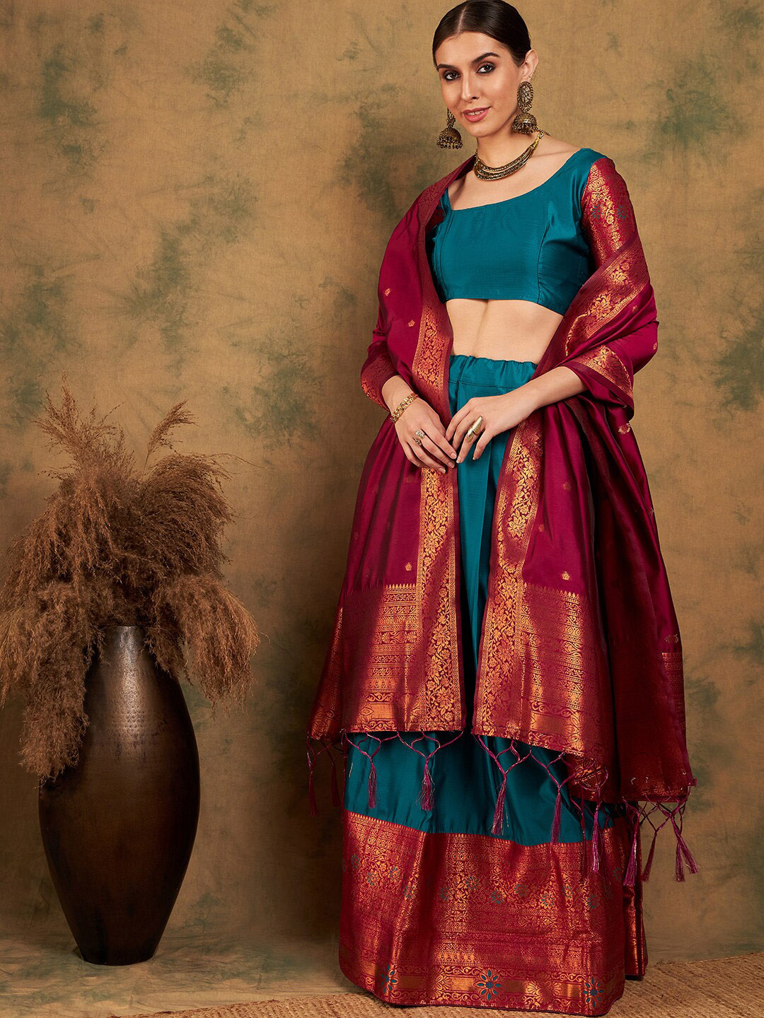 

Sangria Woven-Designed Semi-Stitched Lehenga & Unstitched Blouse With Dupatta, Green