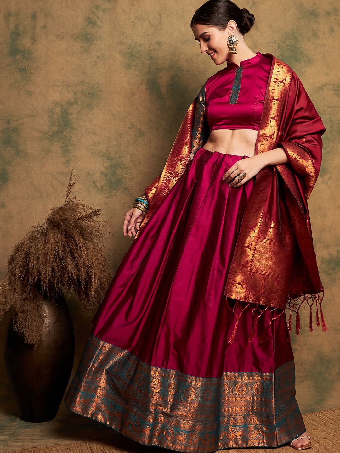 

Sangria Pink Woven-Designed Semi-Stitched Lehenga & Unstitched Blouse With Dupatta