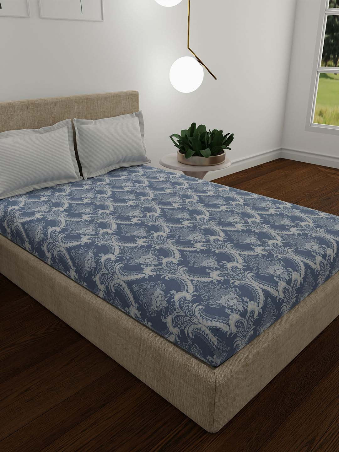 

MYTRIDENT Blue & White Printed 120 TC Pure Cotton Double Queen Bedsheet & Pillow Covers