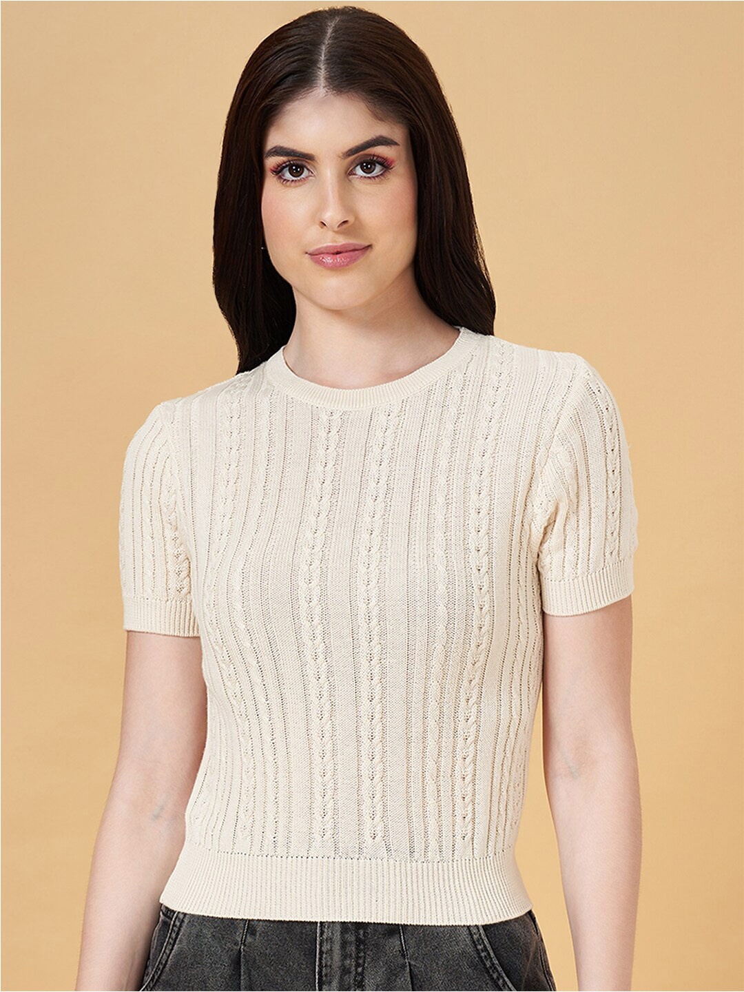 

People Self Design Pure Cotton Fitted Top, Off white