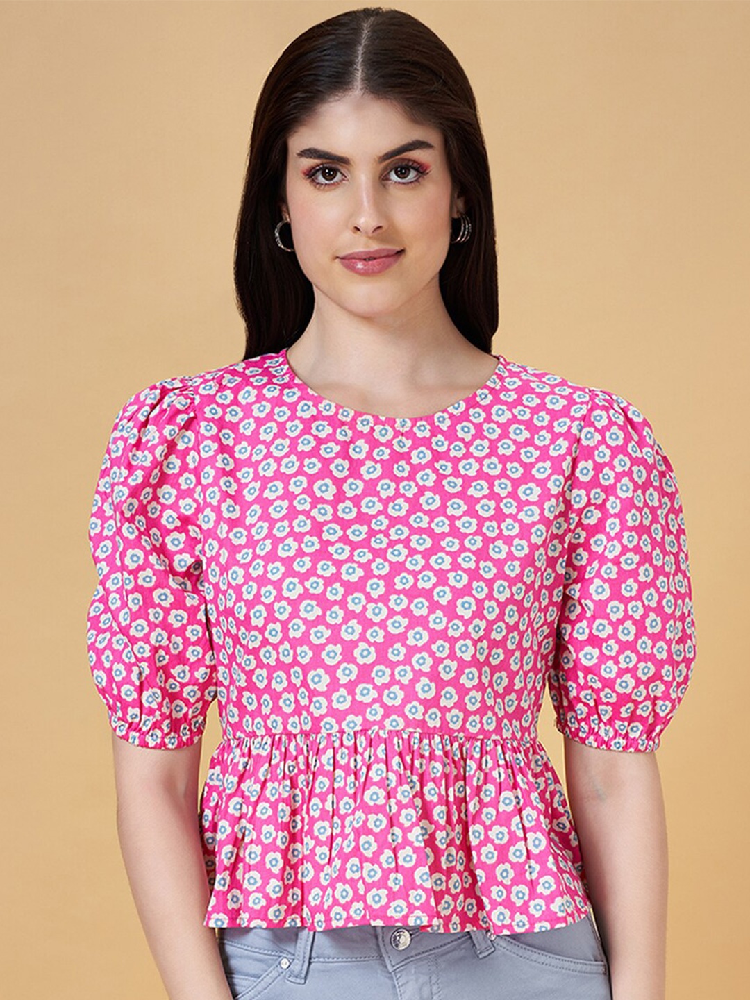 

People Pink Floral Printed Puff Sleeves Gathered Detailed Pure Cotton Peplum Crop Top