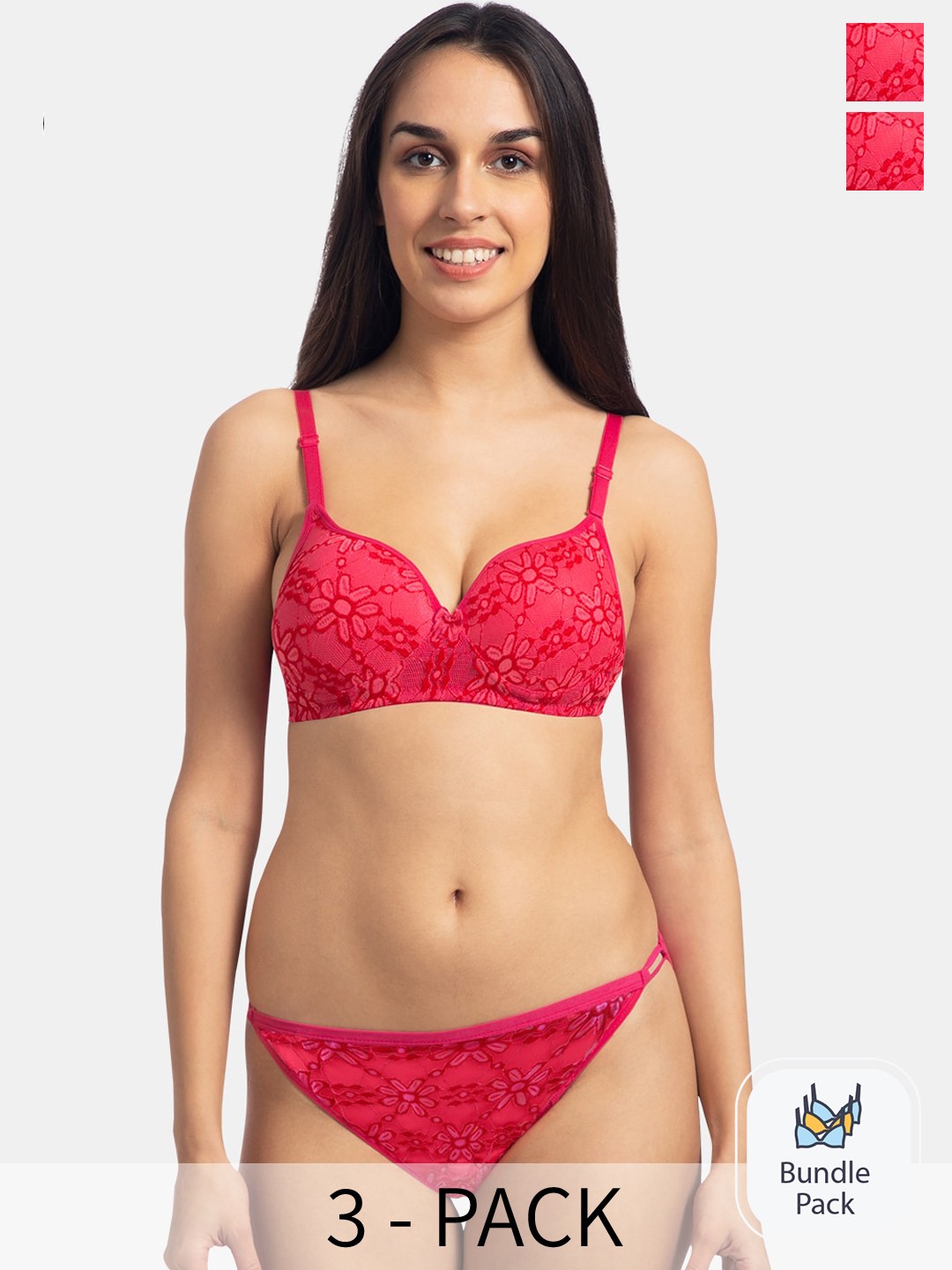 

KOMLI Pack Of 3 Padded Floral Self Design Lingerie Set, Pink
