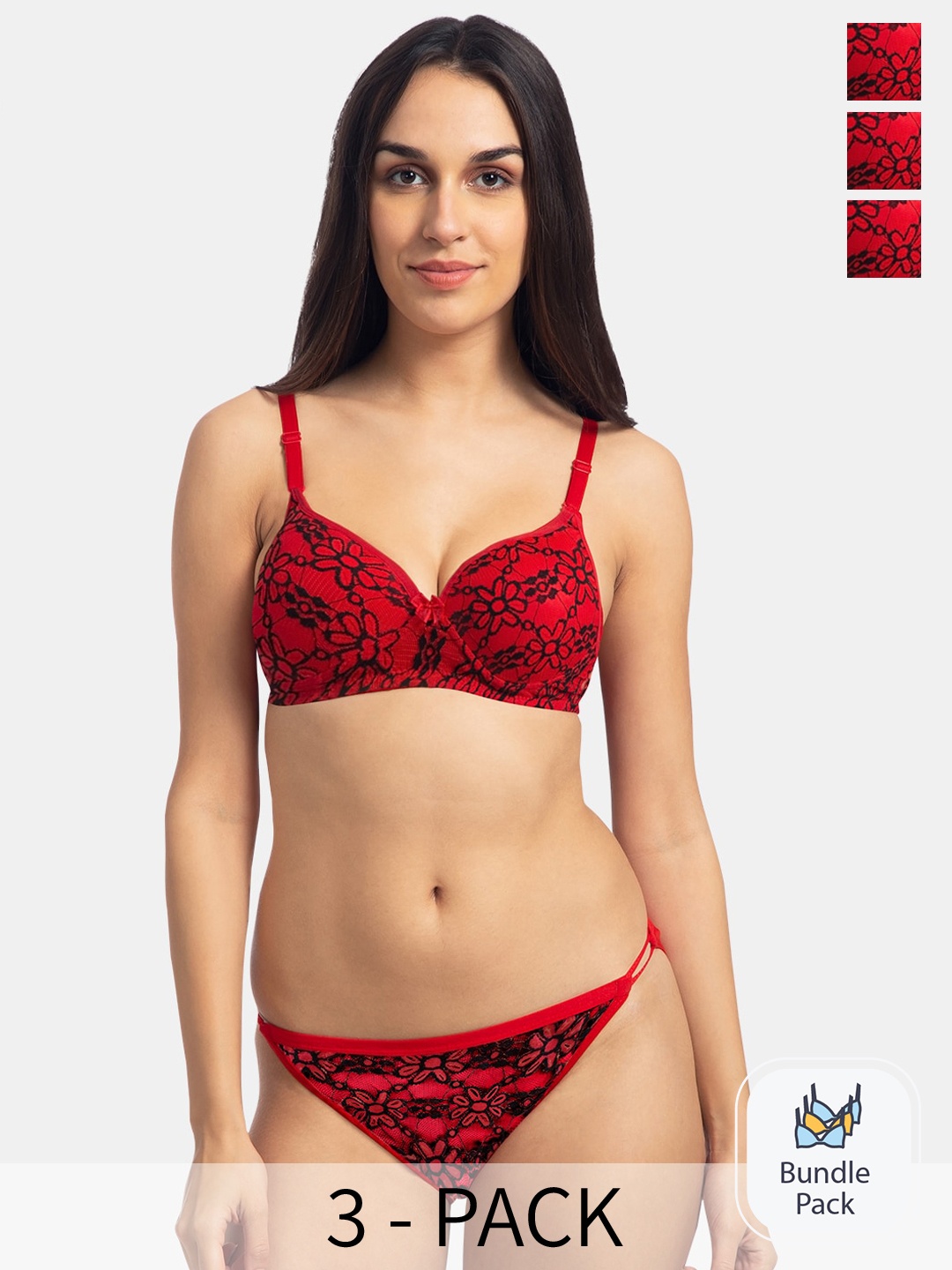 

KOMLI Pack Of 3 Padded Floral Self Design Lingerie Set, Red