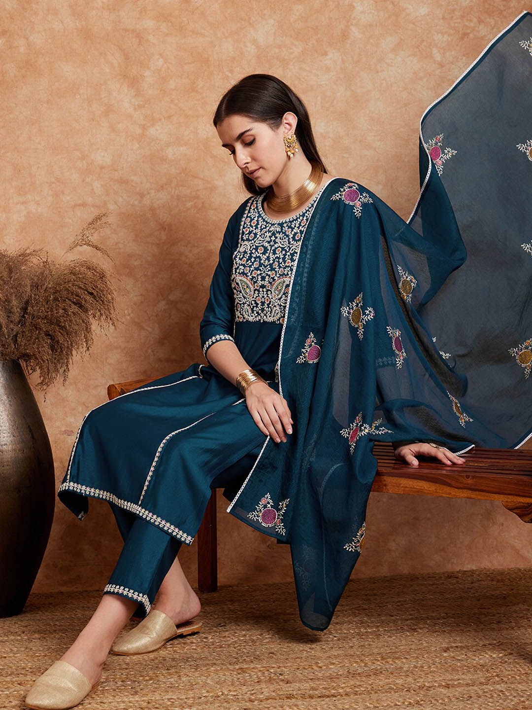 

Sangria Blue Floral Embroidered Straight Thread Work Kurta With Trouser & Dupatta