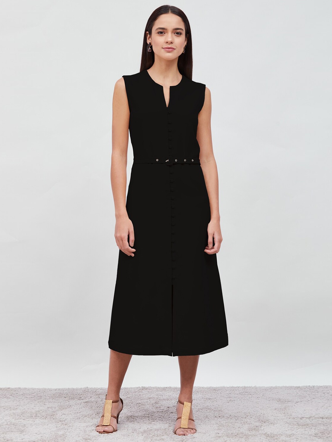 

SALT ATTIRE Notched Neck A-Line Midi Dress, Black