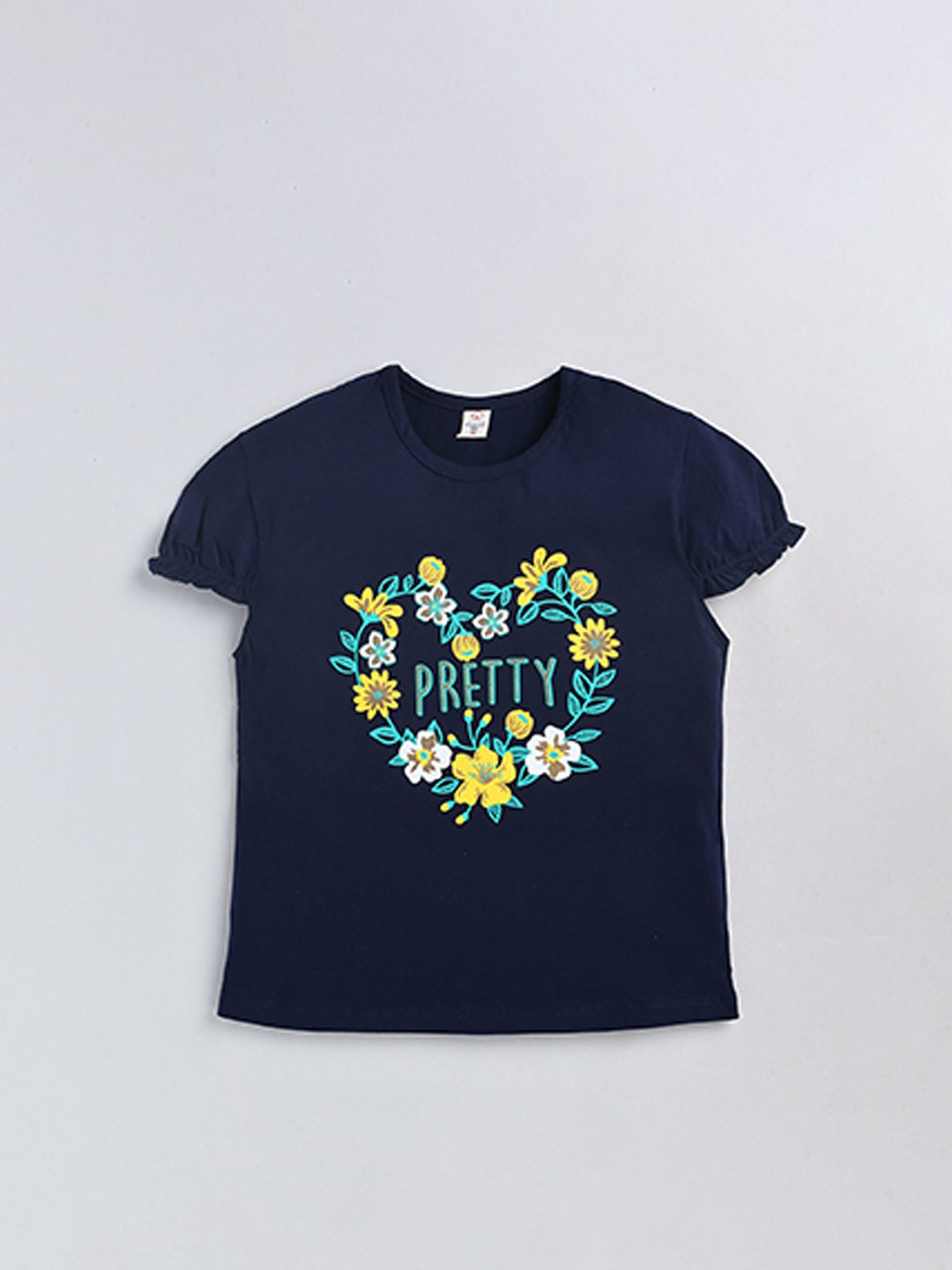 

Olio Kids Girls Floral Printed Puff Sleeves Pure Cotton T-shirt, Navy blue