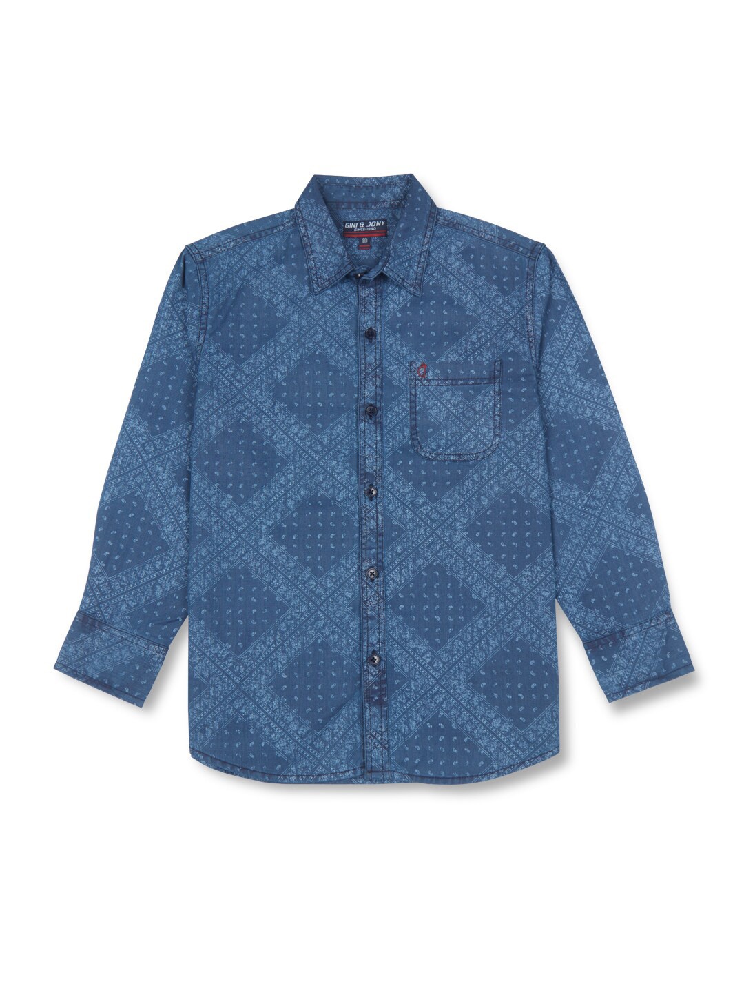 

Gini and Jony Boys Ethnic Motifs Printed Spread Collar Cotton Shirt, Blue