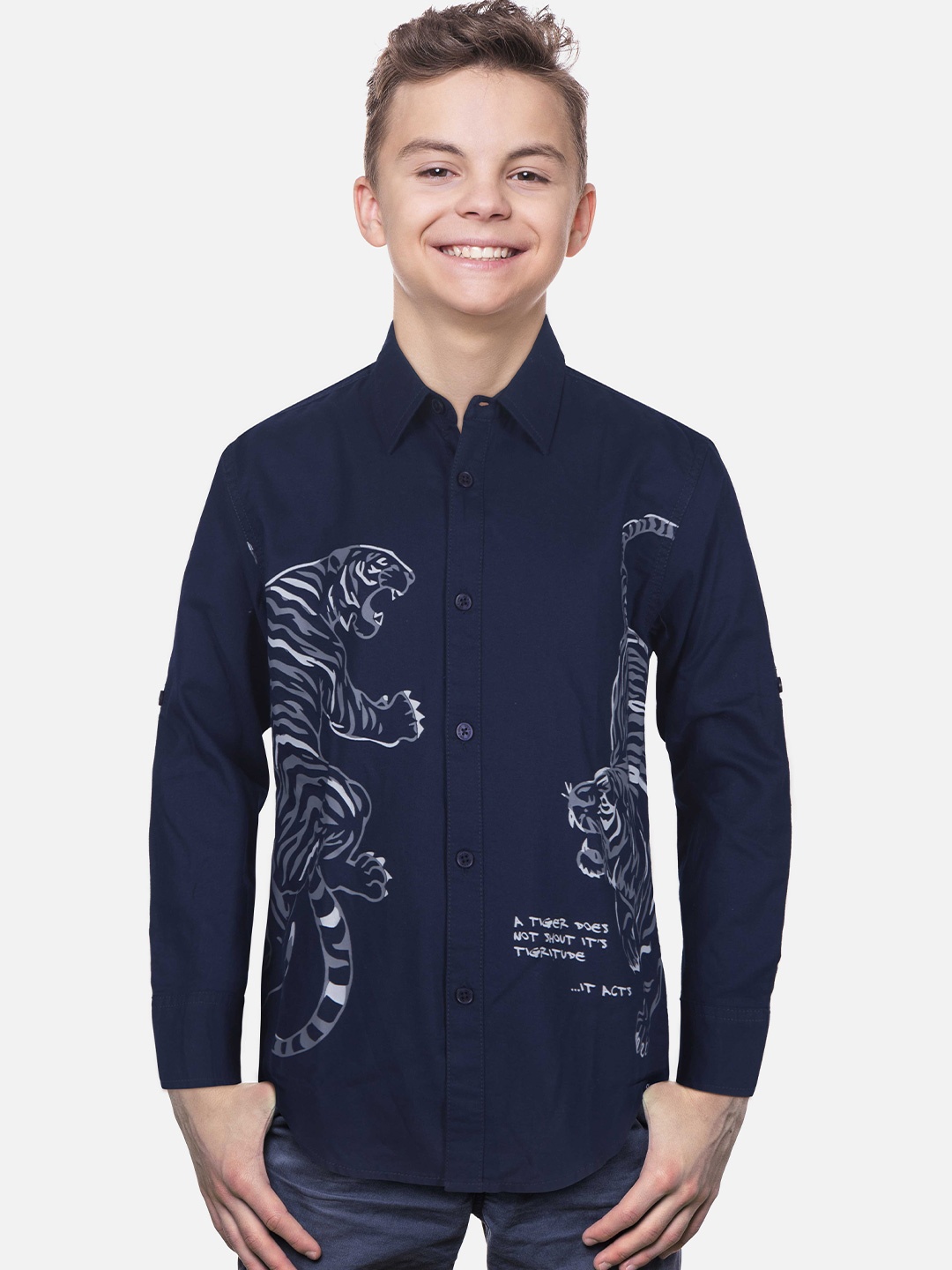 

Gini and Jony Boys Conversational Printed Roll-Up Sleeves Cotton Casual Shirt, Navy blue