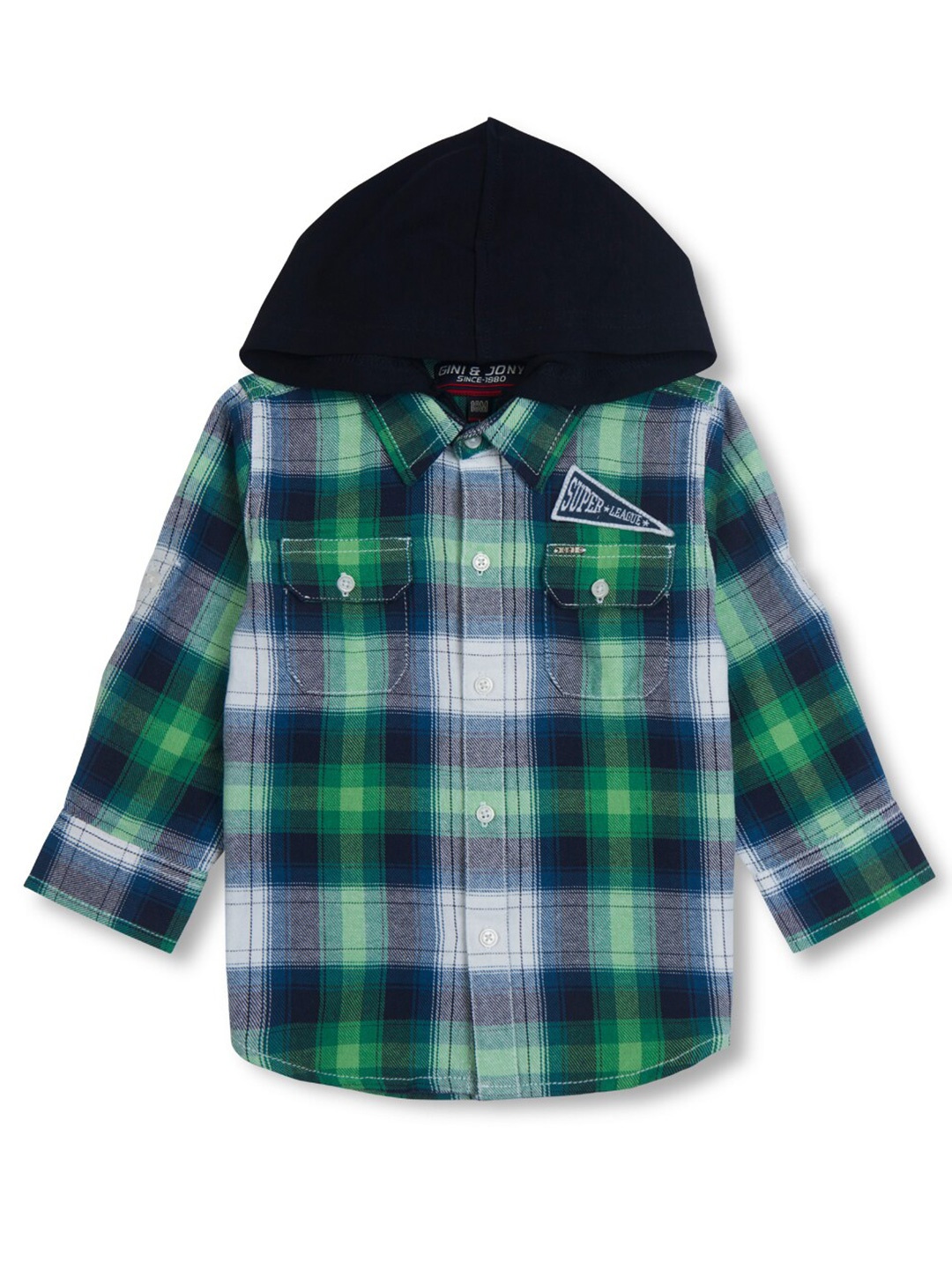 

Gini and Jony Boys Tartan Checks Hooded Roll-Up Sleeves Cotton Casual Shirt, Blue