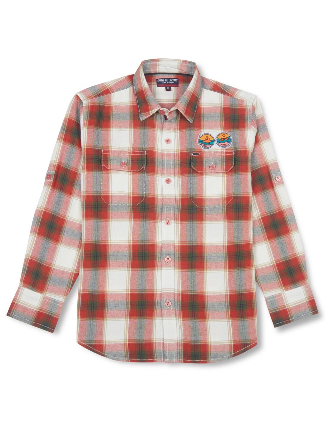 

Gini and Jony Boys Tartan Checks Roll-Up Sleeves Cotton Casual Shirt, White
