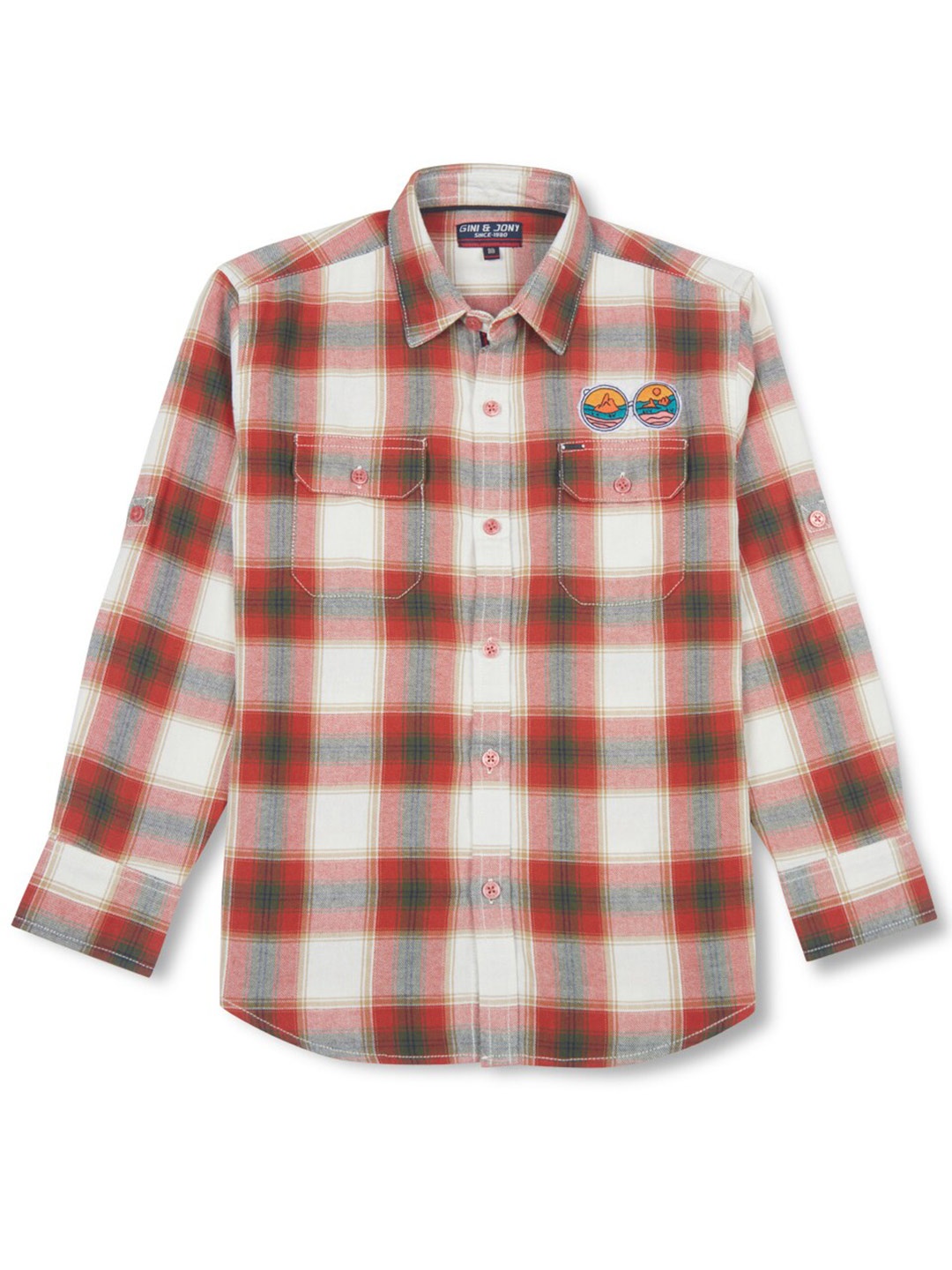 

Gini and Jony Boys Tartan Checks Roll-Up Sleeves Cotton Casual Shirt, White